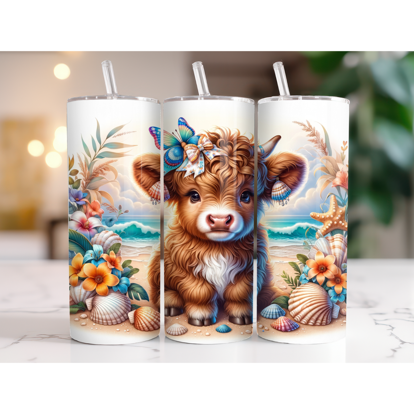 20 oz. Baby Highland Cow Cute on the Beach w/Butterfly Bow Tumbler