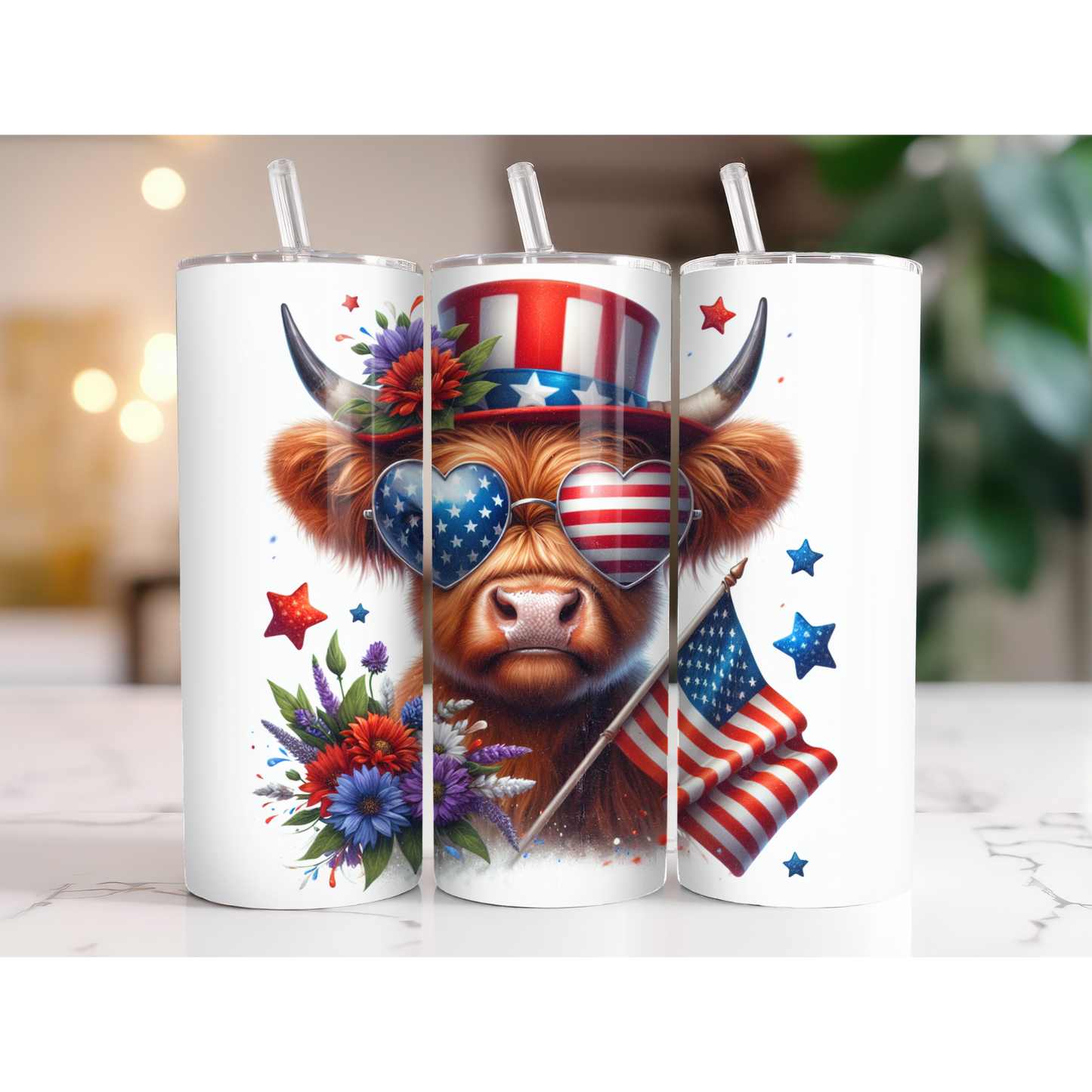 20 oz. Patriotic Hat & Flag Highland Cow Tumbler
