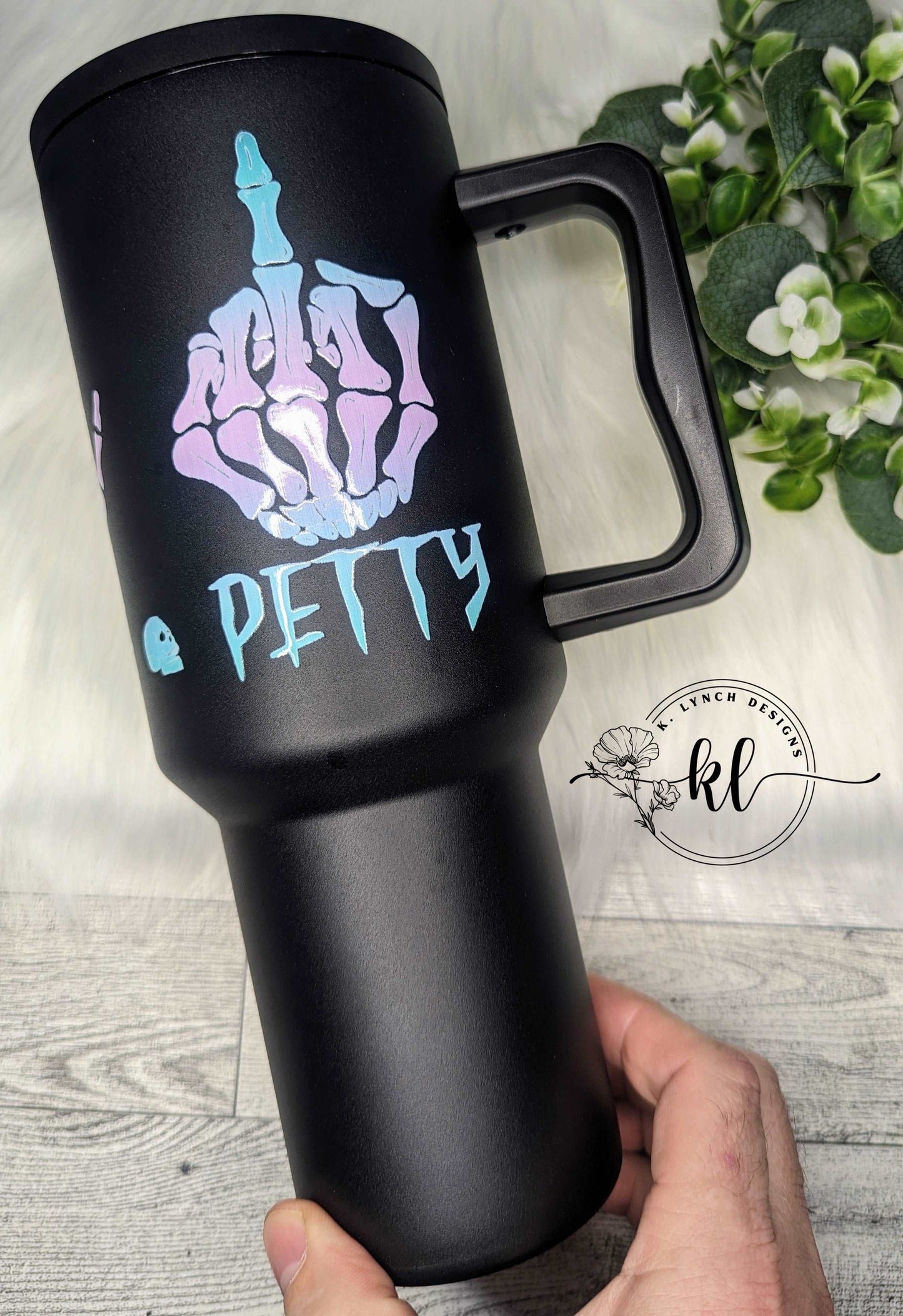 40 oz. Black Handle Tumbler w/Peace, Love & Petty Skeleton Hand Gestures