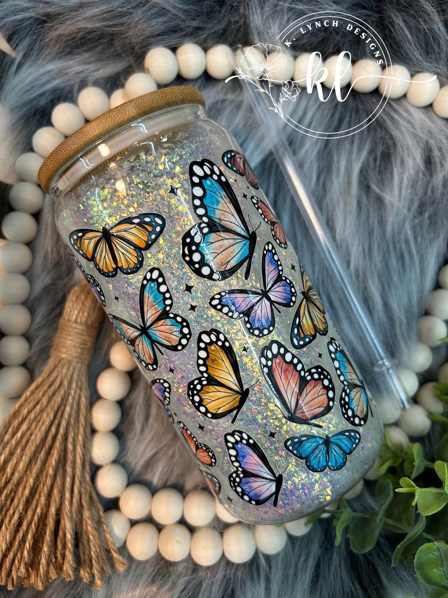 16 oz. Glitter Globe Glass Can - Colorful Butterflies with Opal Shards Glitter