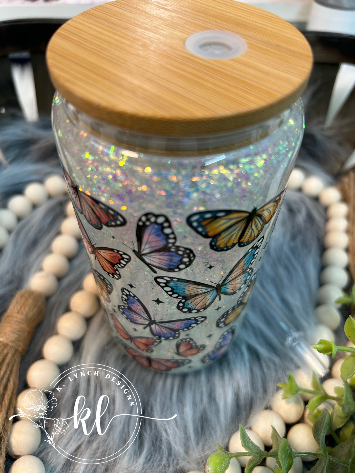 16 oz. Glitter Globe Glass Can - Colorful Butterflies with Opal Shards Glitter
