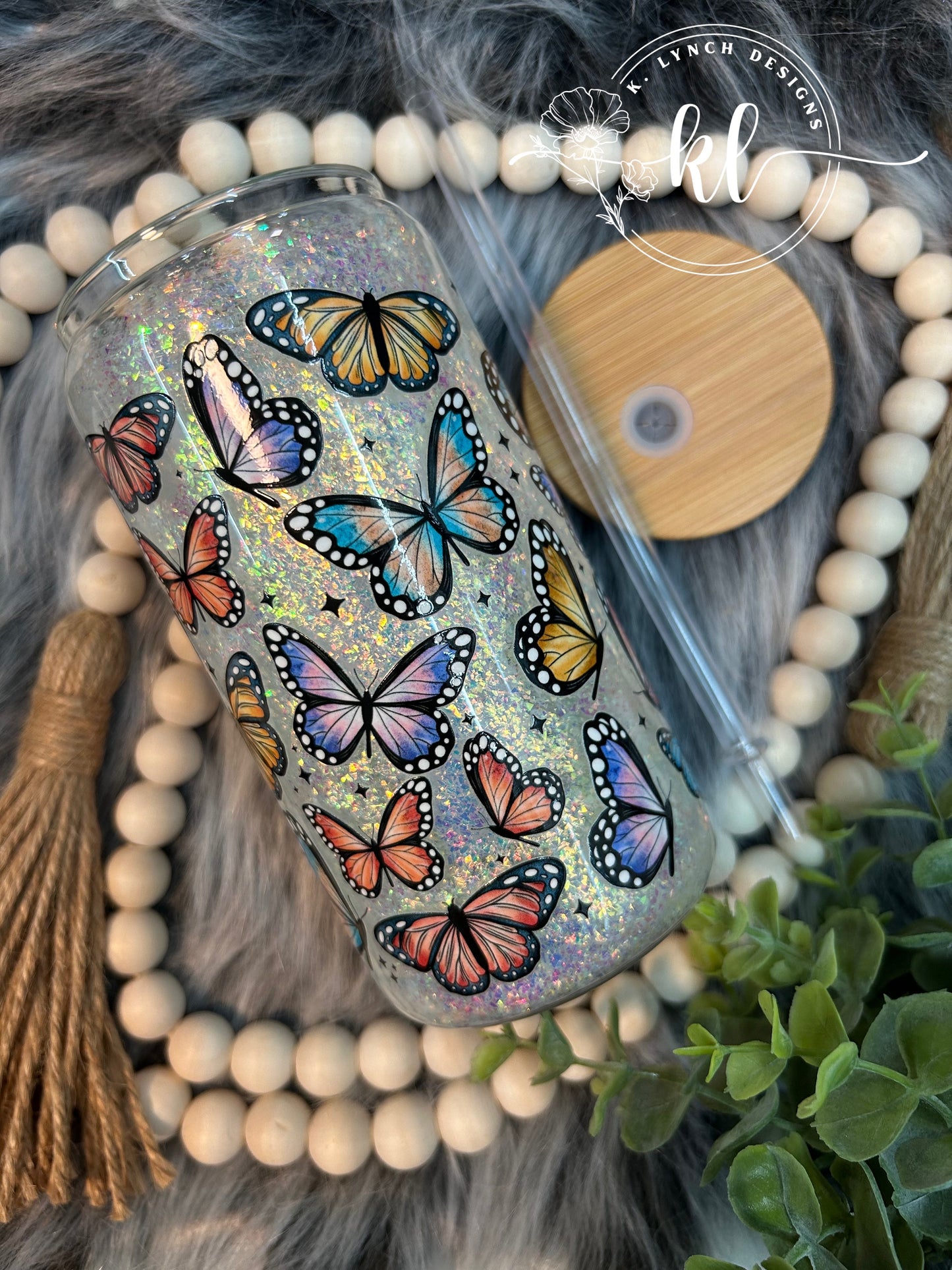 16 oz. Glitter Globe Glass Can - Colorful Butterflies with Opal Shards Glitter