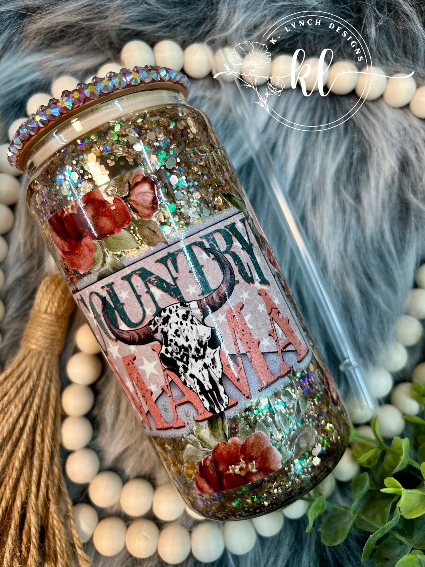 16 oz. Glitter Globe Glass Can with Rhinestone Lid - Country Mama