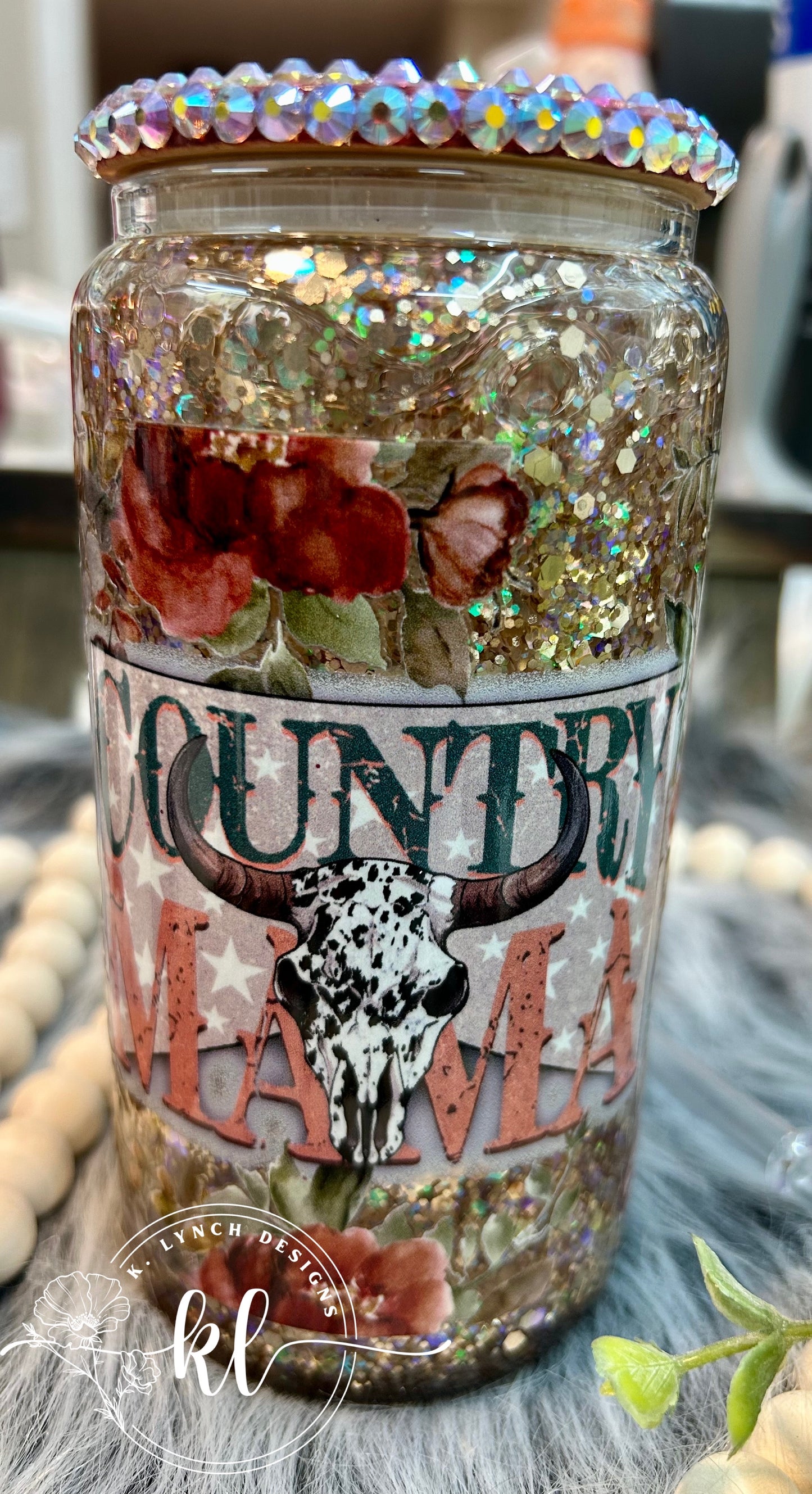 16 oz. Glitter Globe Glass Can with Rhinestone Lid - Country Mama