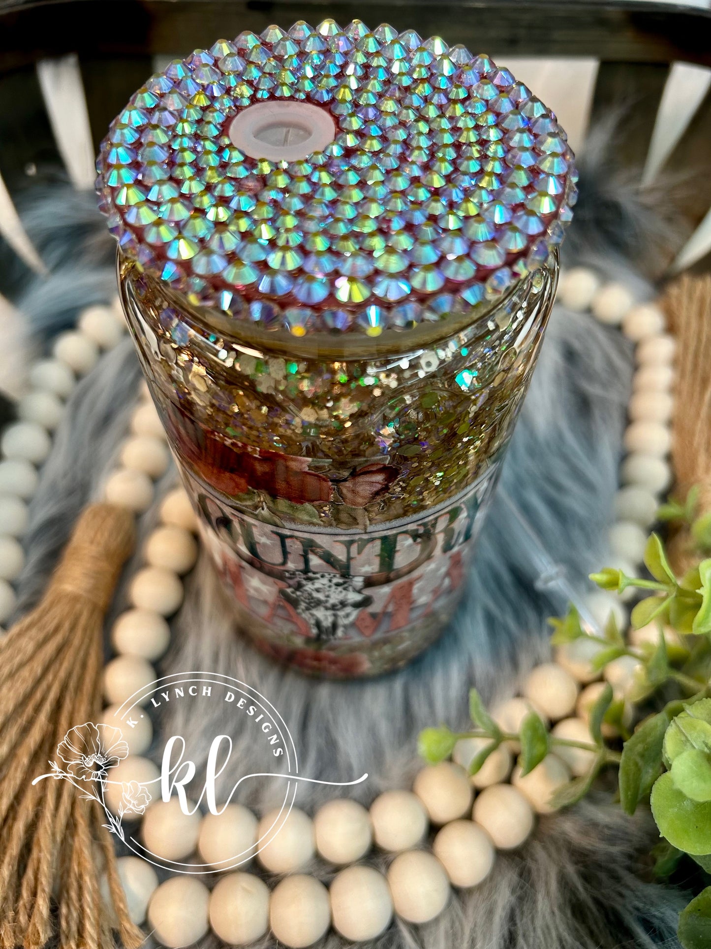 16 oz. Glitter Globe Glass Can with Rhinestone Lid - Country Mama