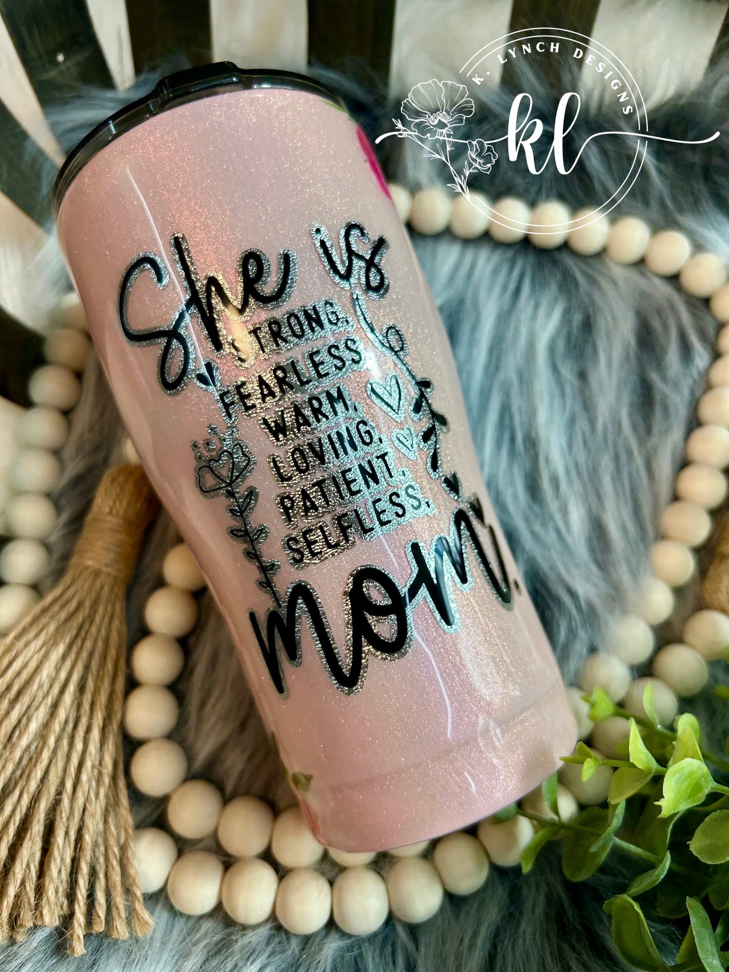 20 oz Pink & Floral "She is Mom" Glitter Tumbler