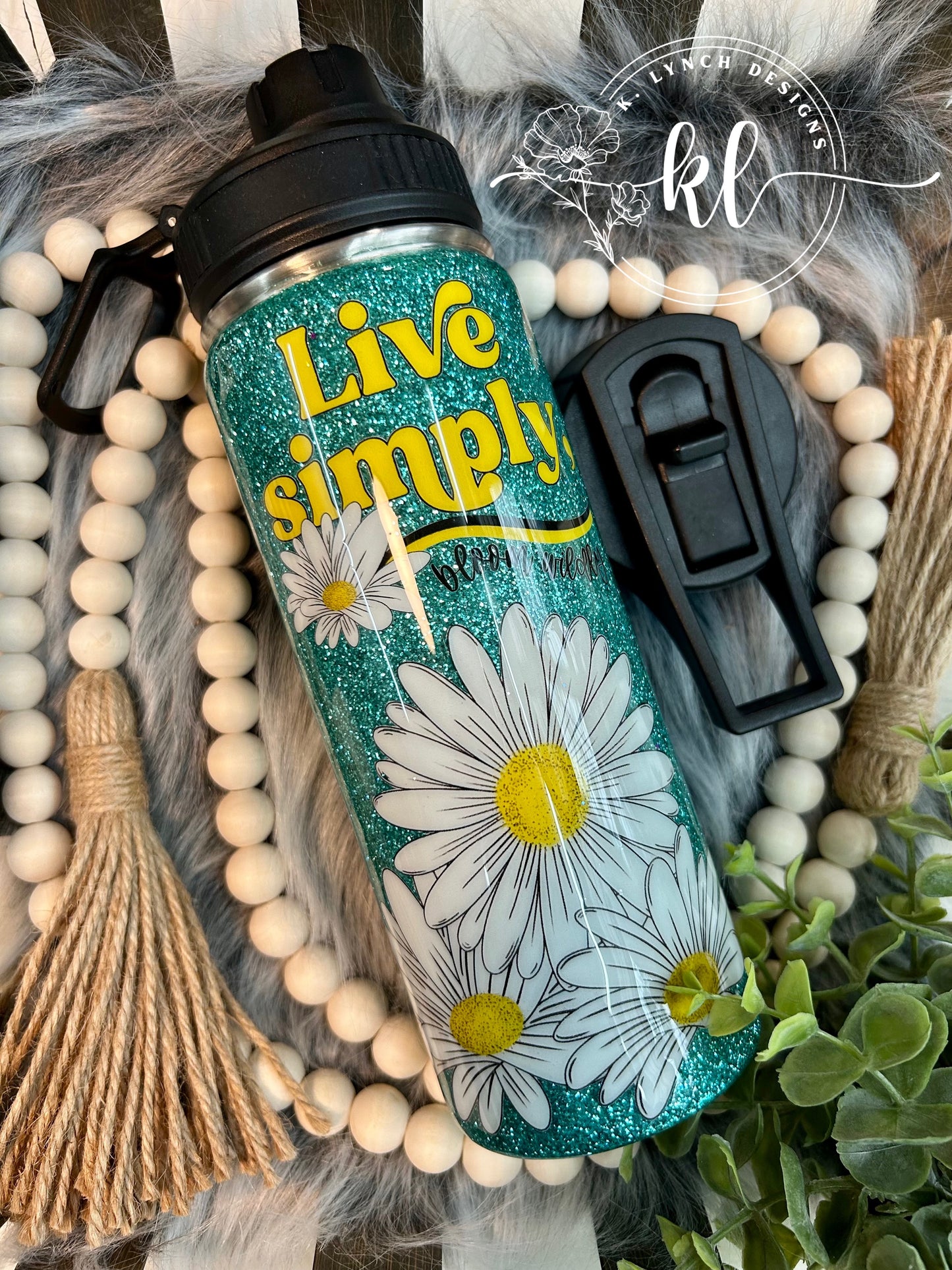 20 oz. “Live Simply, Bloom Wildly” Glitter Tumbler - Sport Bottle