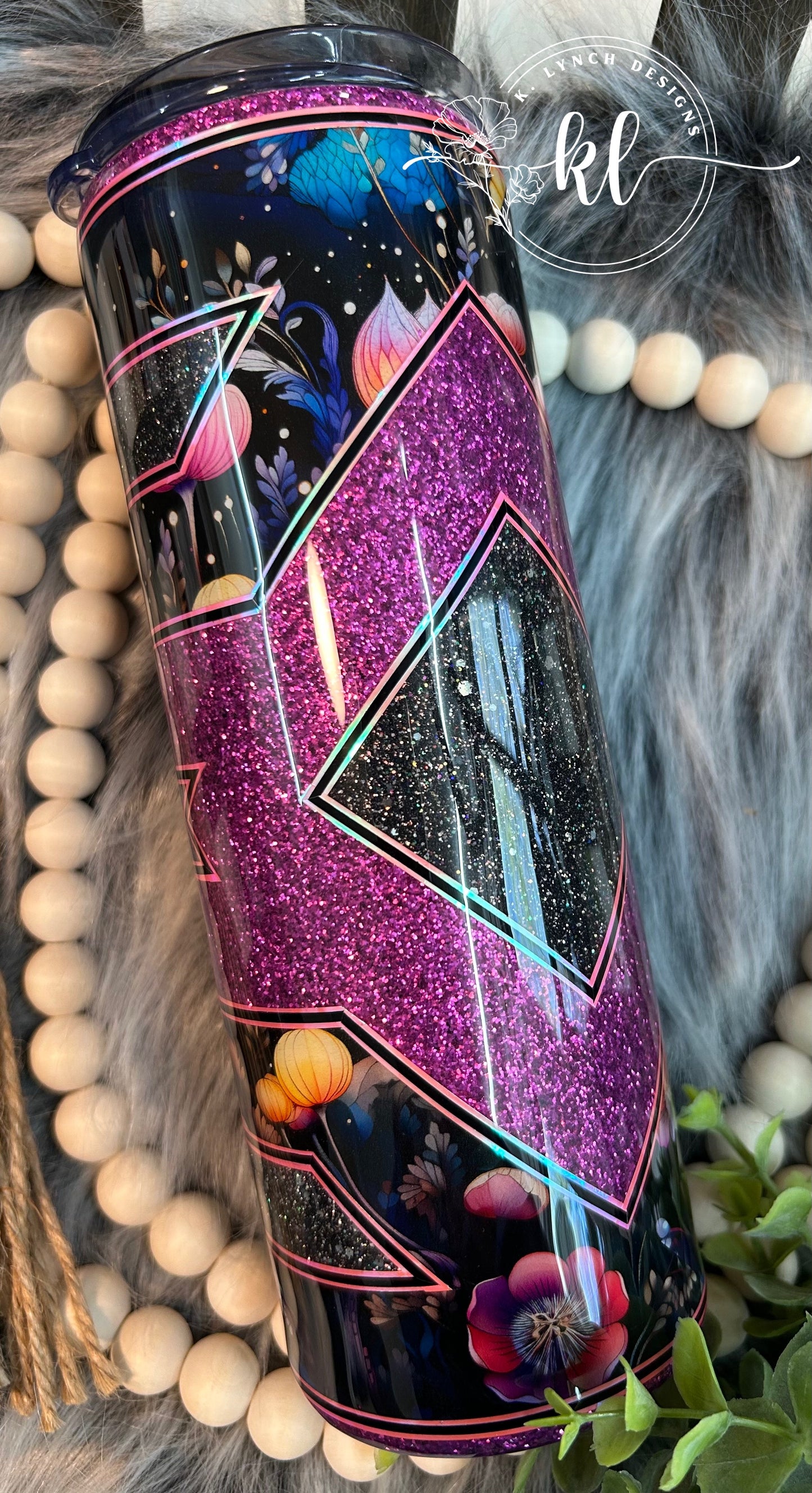 20 oz. Glitter Tumbler - Puple/Black Glitter, Midnight Flowers