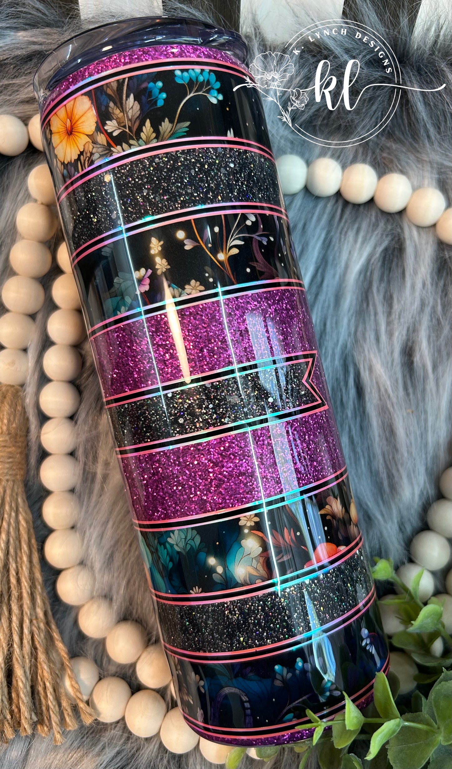 20 oz. Glitter Tumbler - Puple/Black Glitter, Midnight Flowers