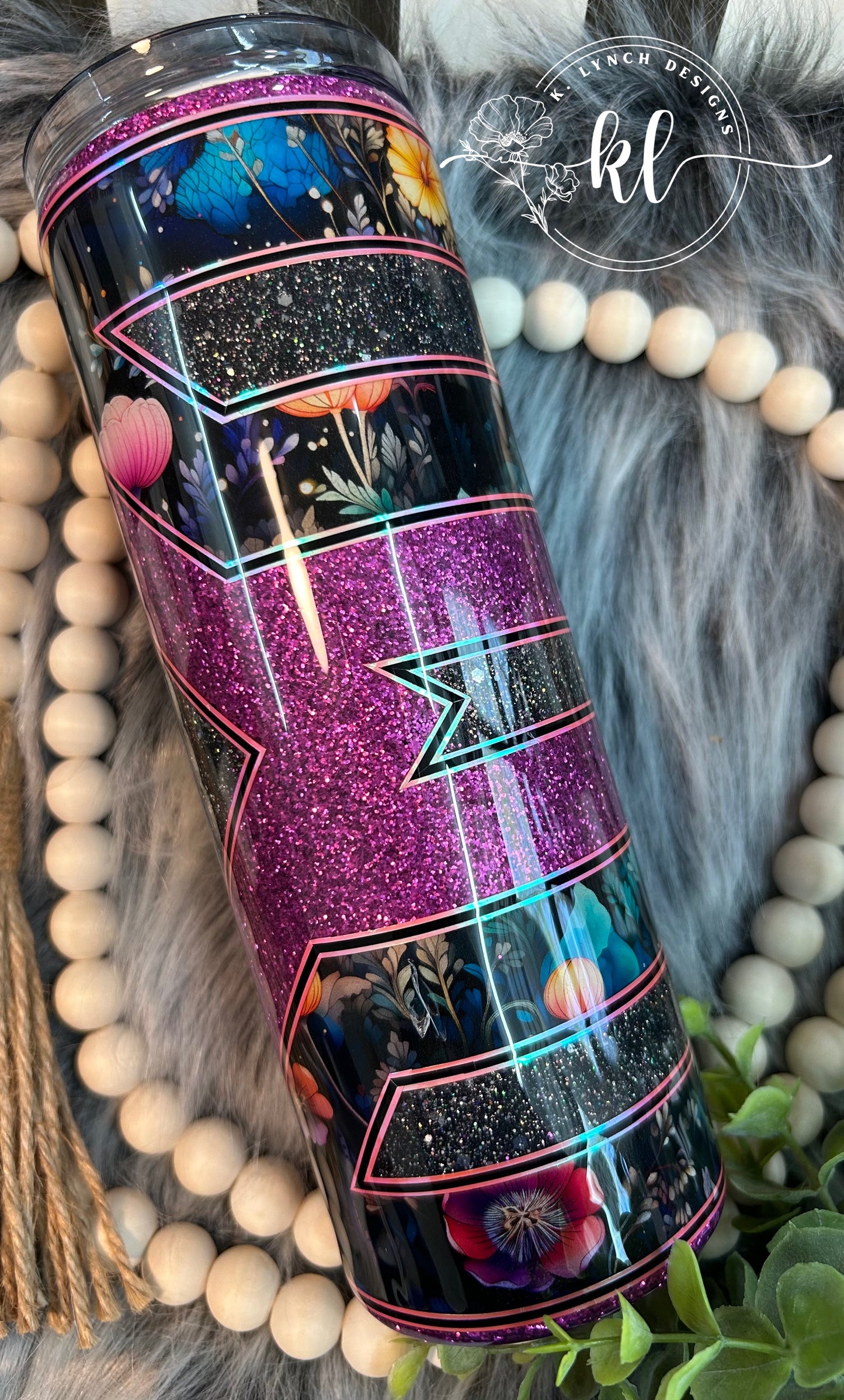 20 oz. Glitter Tumbler - Puple/Black Glitter, Midnight Flowers