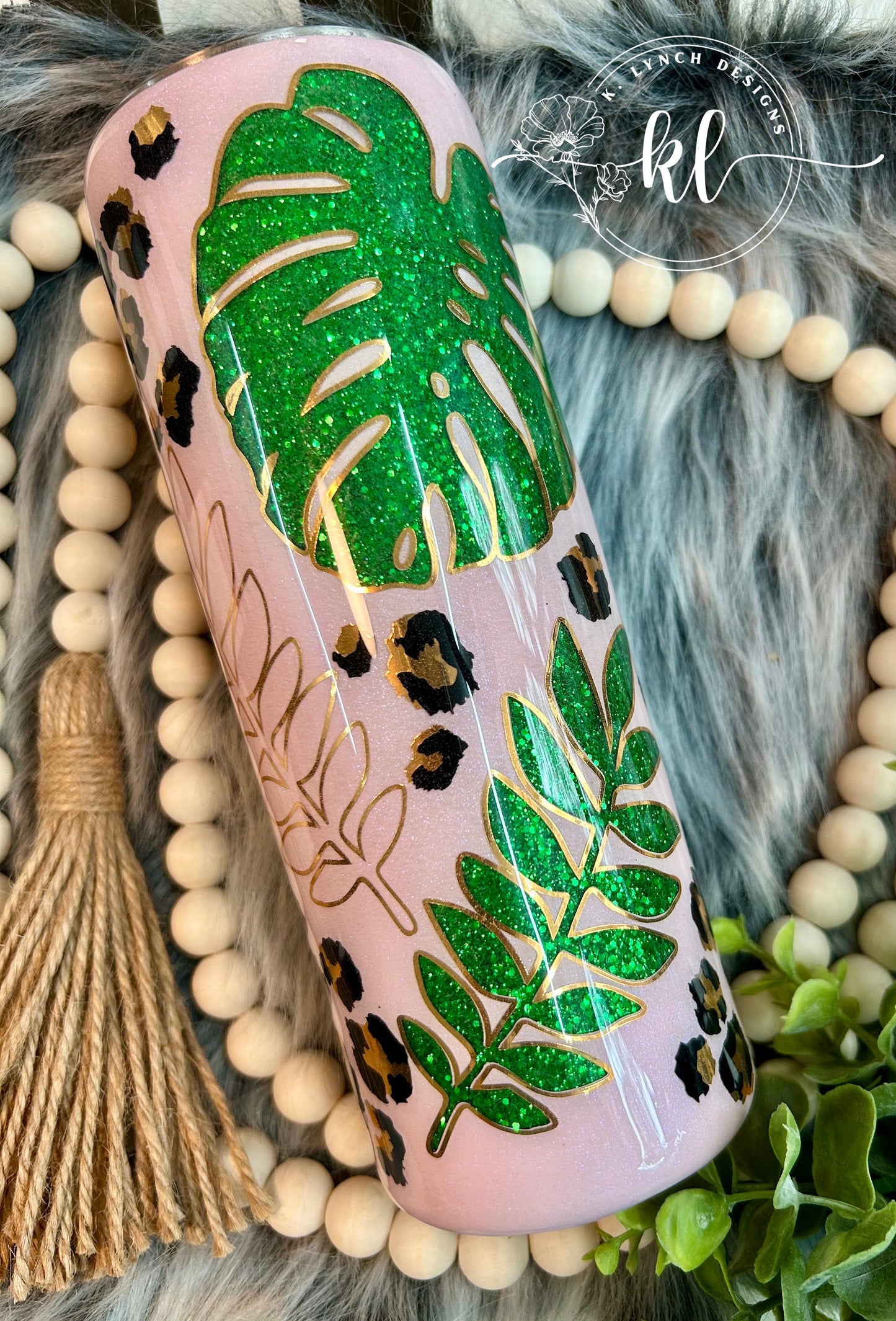 20 oz. Monstera Tropical Leopard Print Glitter Tumbler
