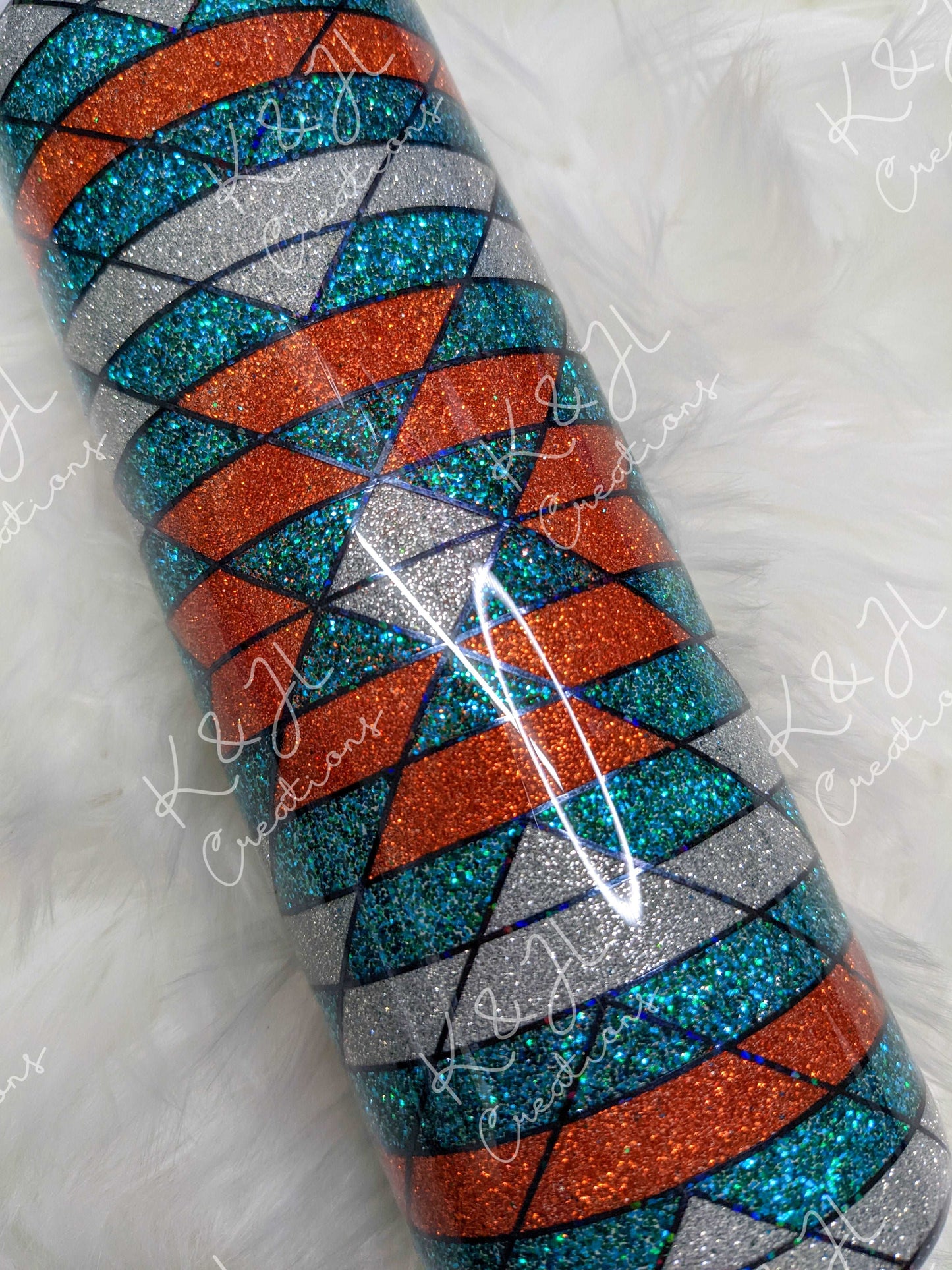 20 oz. Southwestern Style Glitter Tumbler, Teal, Orange and Silver Glitter, Geometric Design, Gift for her, Handmade Glitter Tumbler