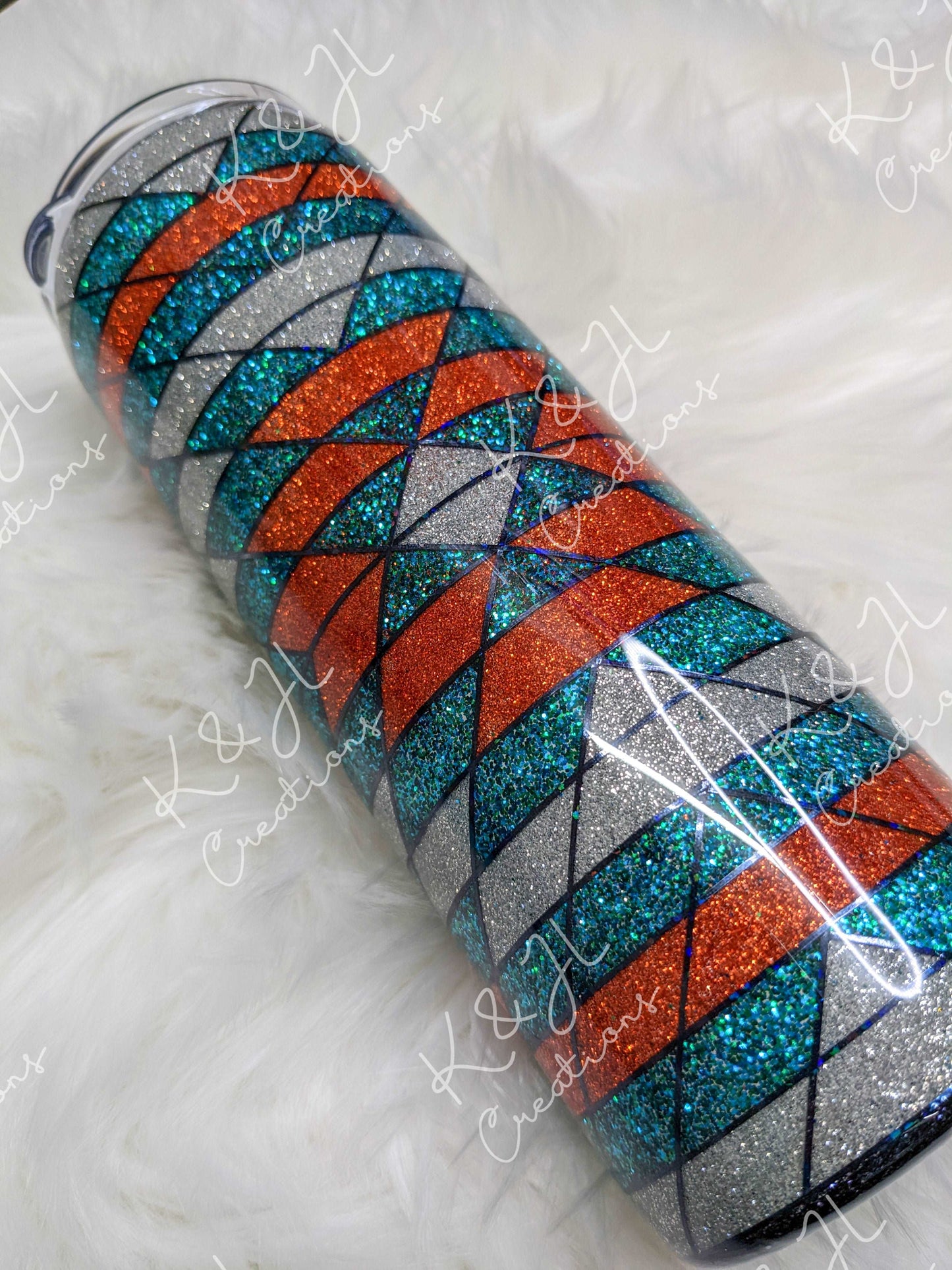 20 oz. Southwestern Style Glitter Tumbler, Teal, Orange and Silver Glitter, Geometric Design, Gift for her, Handmade Glitter Tumbler