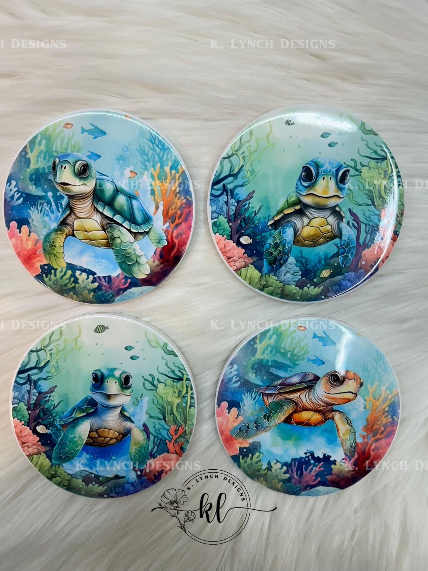 Sea Turtle Swimming Among Coral Coaster Set