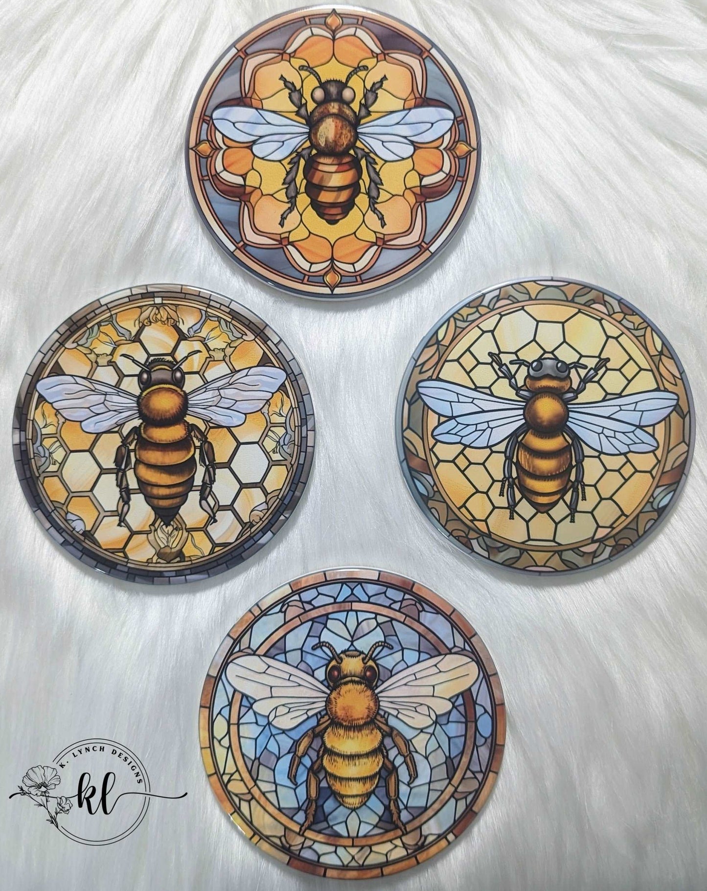 Honeycomb Bee Stained Glass Ceramic Coaster Set