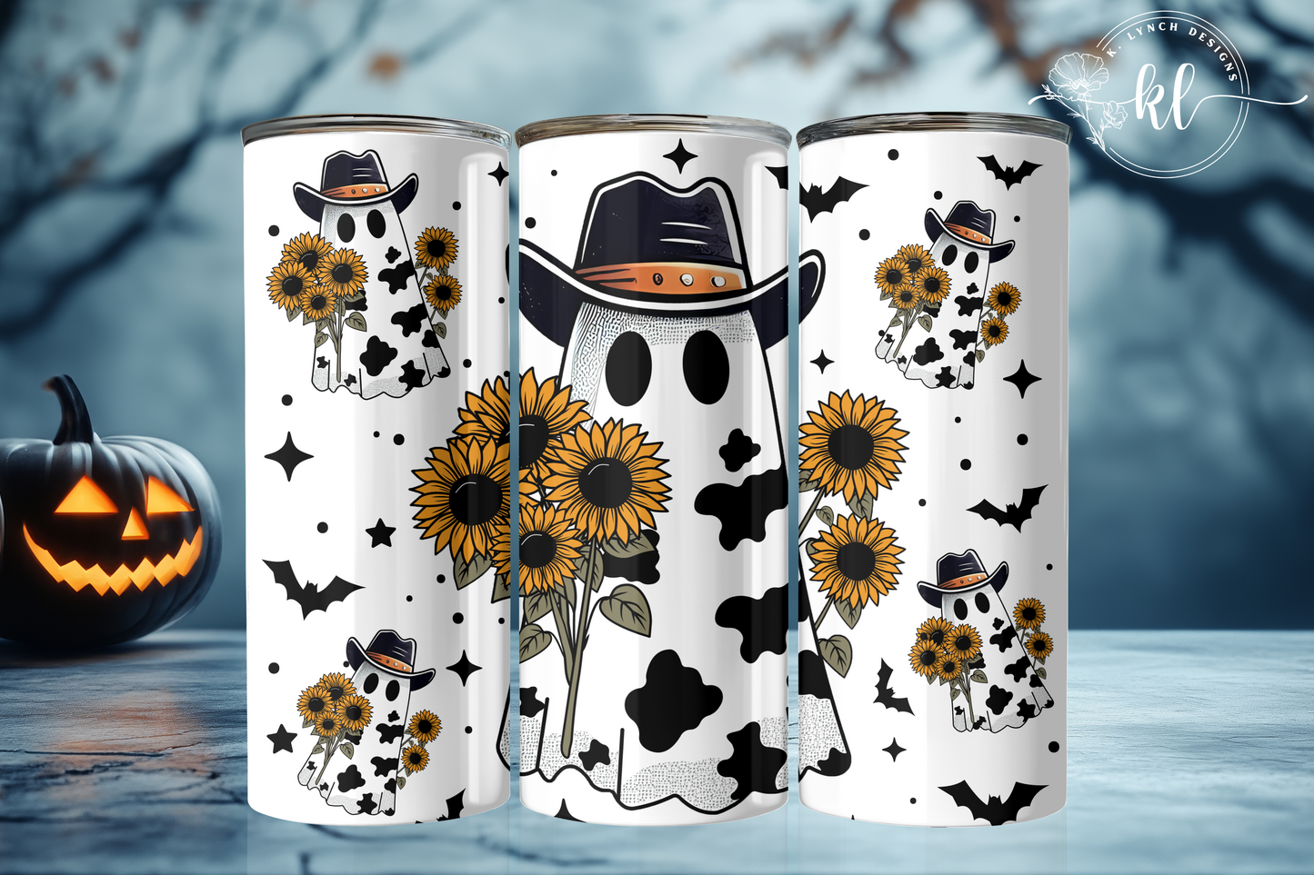 20 oz. Cow Print Ghost with Sunflowers Tumbler