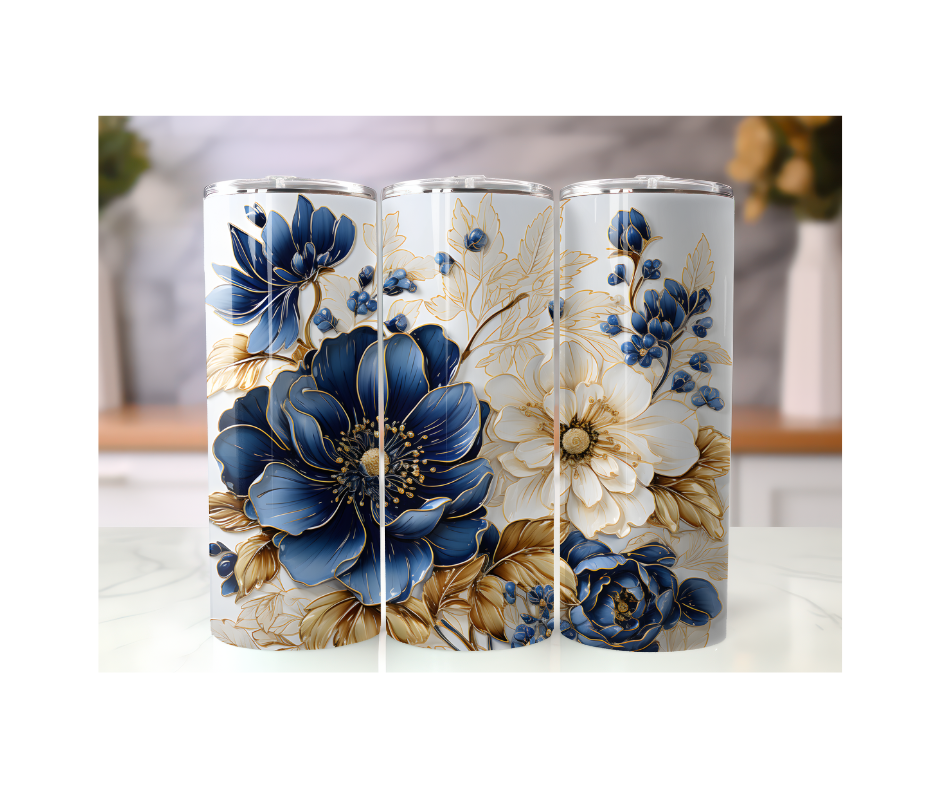 20 oz. Navy Blue & Gold Floral 3D Tumbler