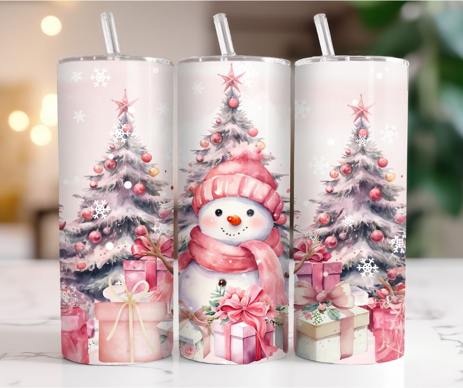 20 oz. Pink Snowman and Christmas Tree Tumbler