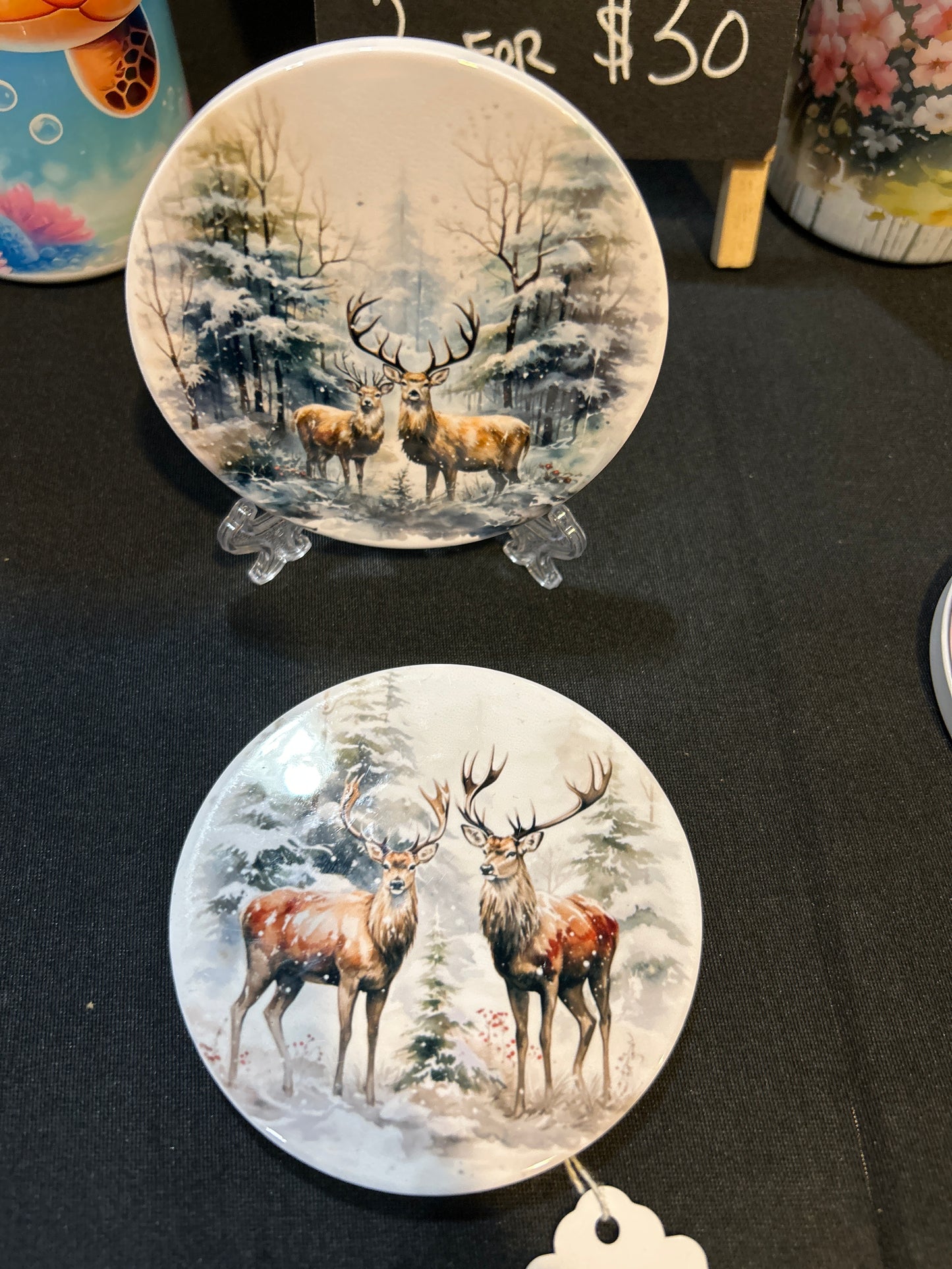 Winter Scene with Reindeer and Village Ceramic Coaster Set of 2