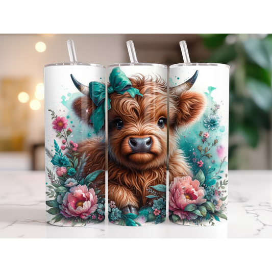 20 oz. Cute Baby Cow w/Green Bow and Flowers Tumbler