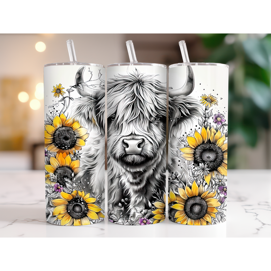 20 oz. Black and White Highland Cow with Sunflowers Tumbler