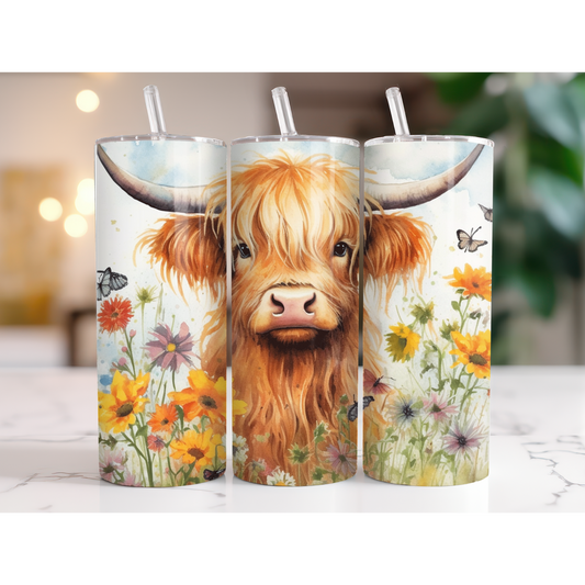 20 oz. Highland Cow Butterflies and Flowers Tumbler