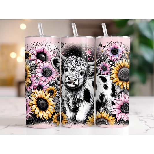 20 oz. Ink Highland Cow Surrounded by Pink and Yellow Sunflower Tumbler