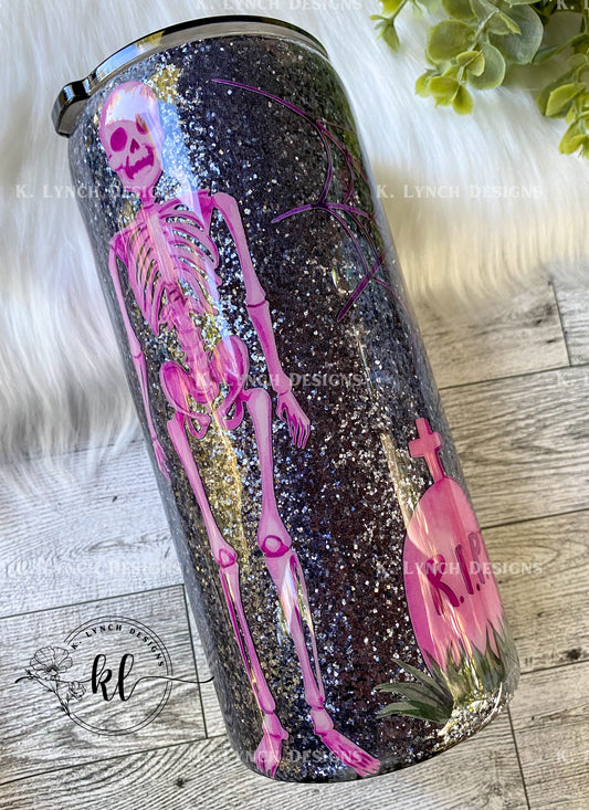 22 oz. Fatty (thick tumbler) - Cute Pink Skeleton, Ghost, Spooky "BOO" Tumbler