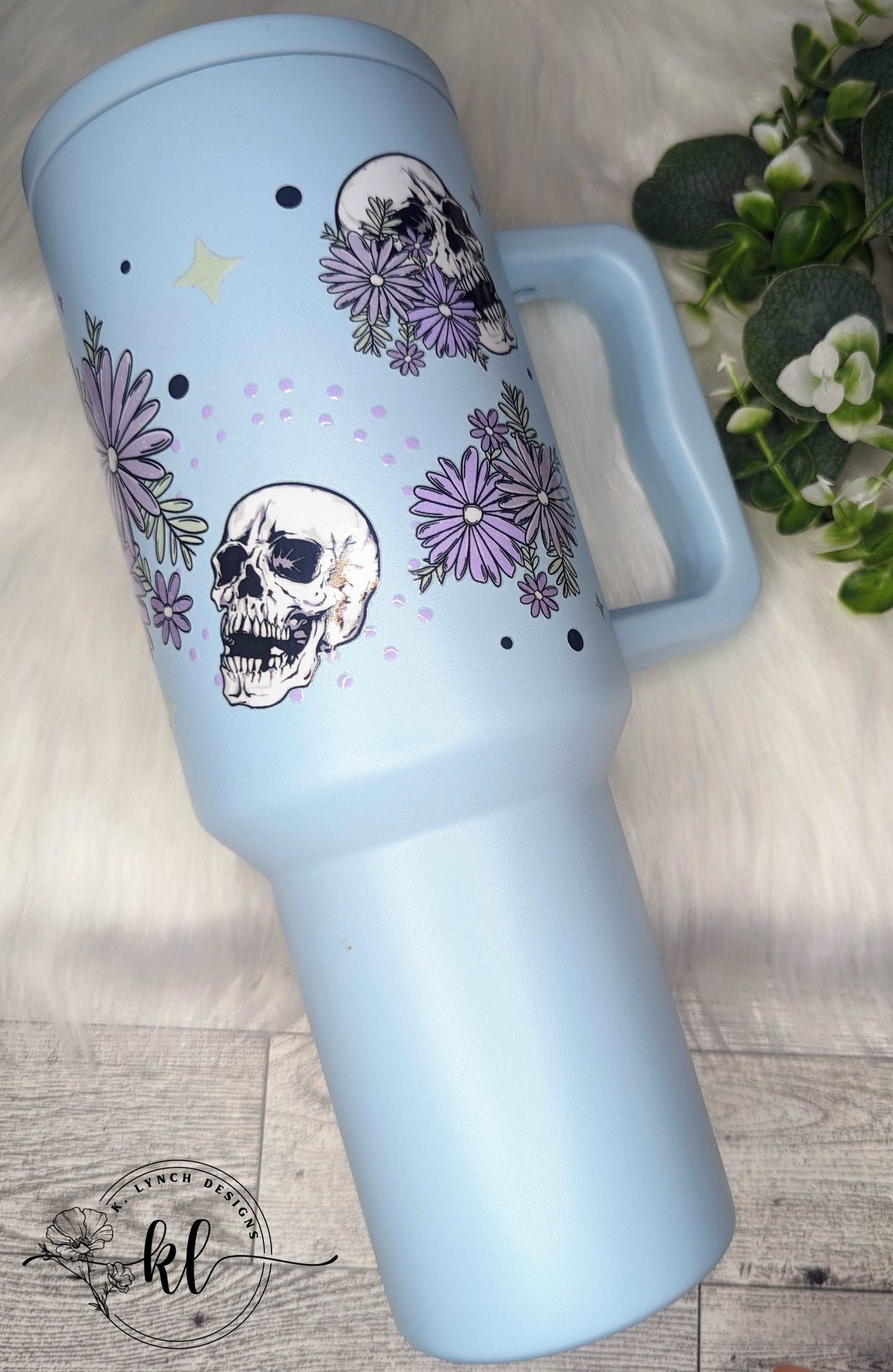 40 oz. Light Blue Handle Tumbler with Skulls and Purple Floral Design