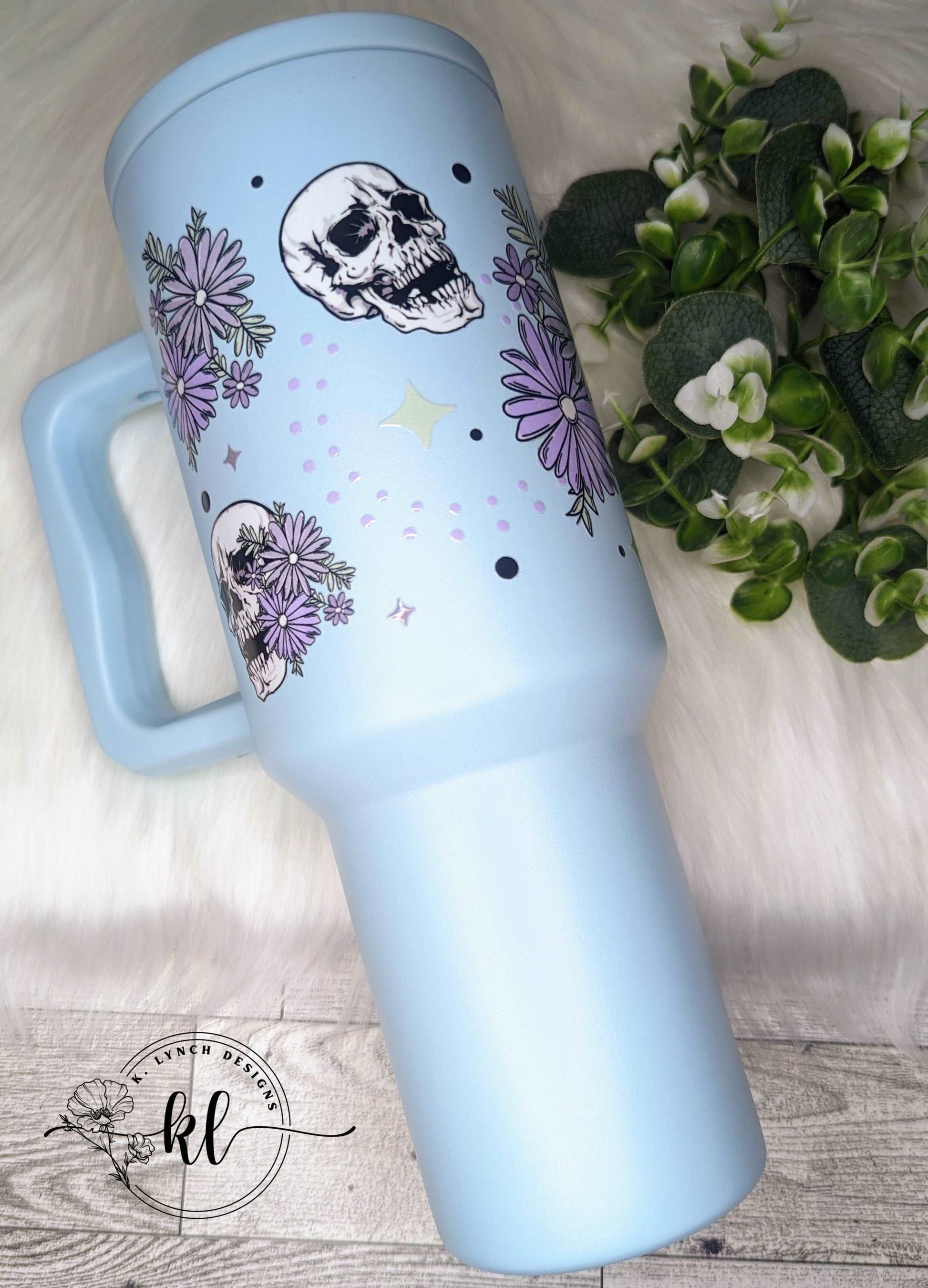 40 oz. Light Blue Handle Tumbler with Skulls and Purple Floral Design