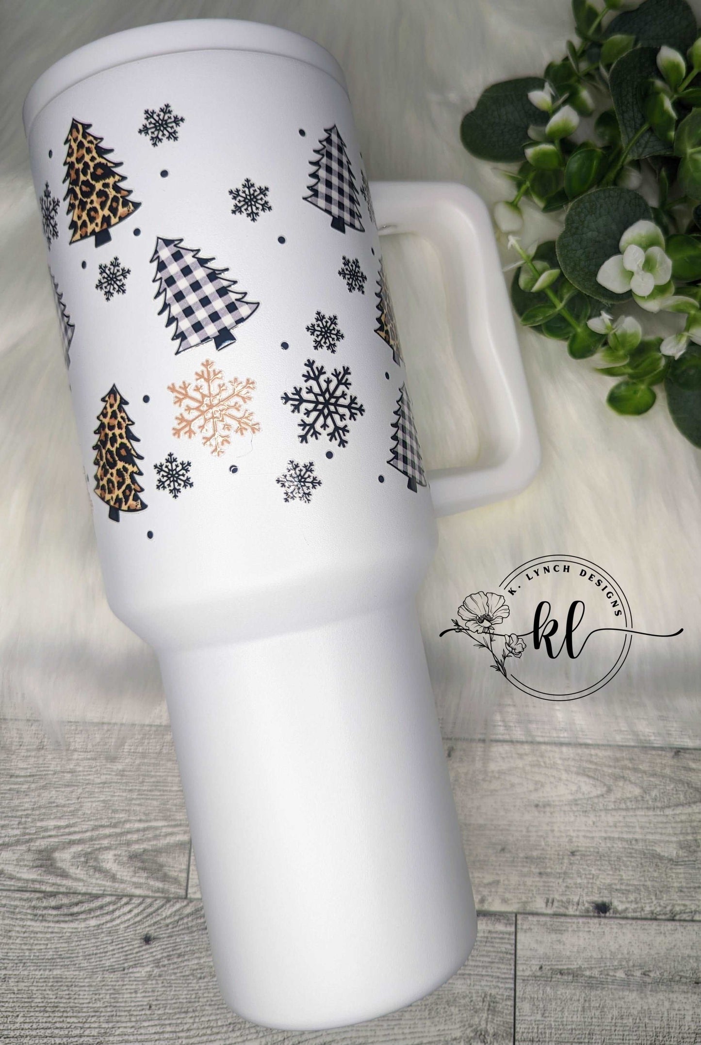 40 oz. Handle Tumbler w/Leopard Print and Plaid Christmas Trees and Fun Snowflakes