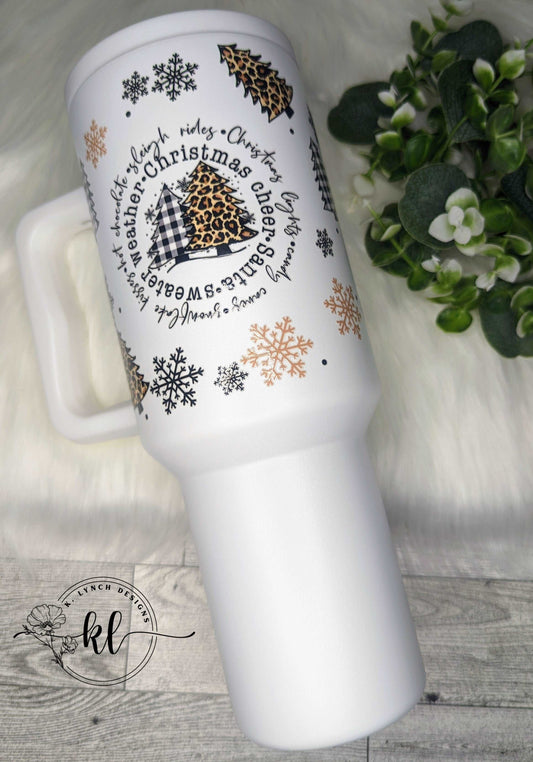 40 oz. Handle Tumbler w/Leopard Print and Plaid Christmas Trees and Fun Snowflakes