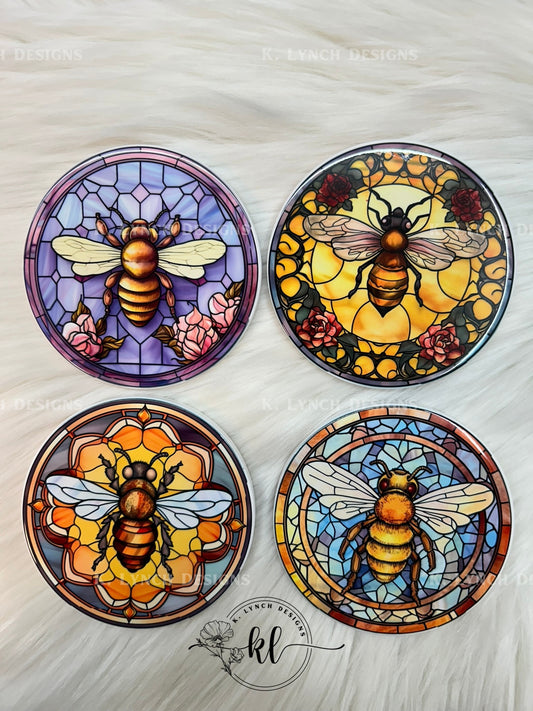 Floral Stained Glass Bee Coaster Set