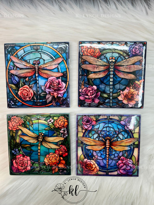Floral Stained Glass Dragonfly Coaster Set