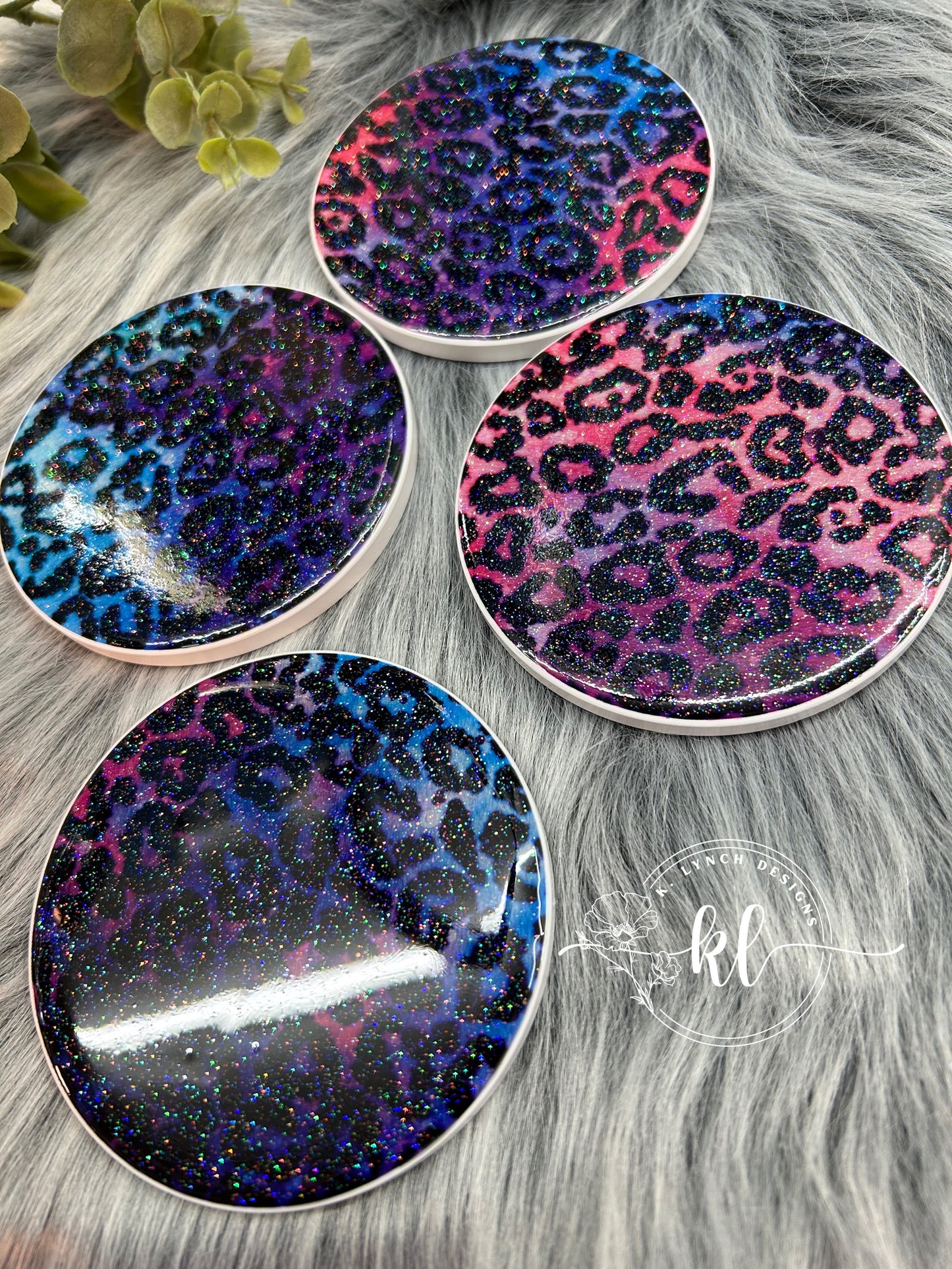 Multi-Colored Leopard Print Glitter Coasters