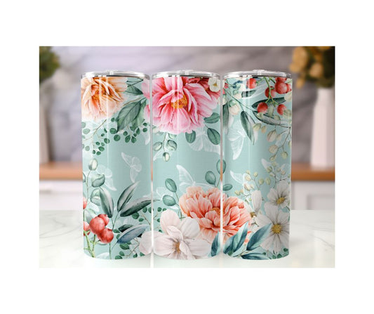 20 oz. Mint Floral & White Butterfly Tumbler