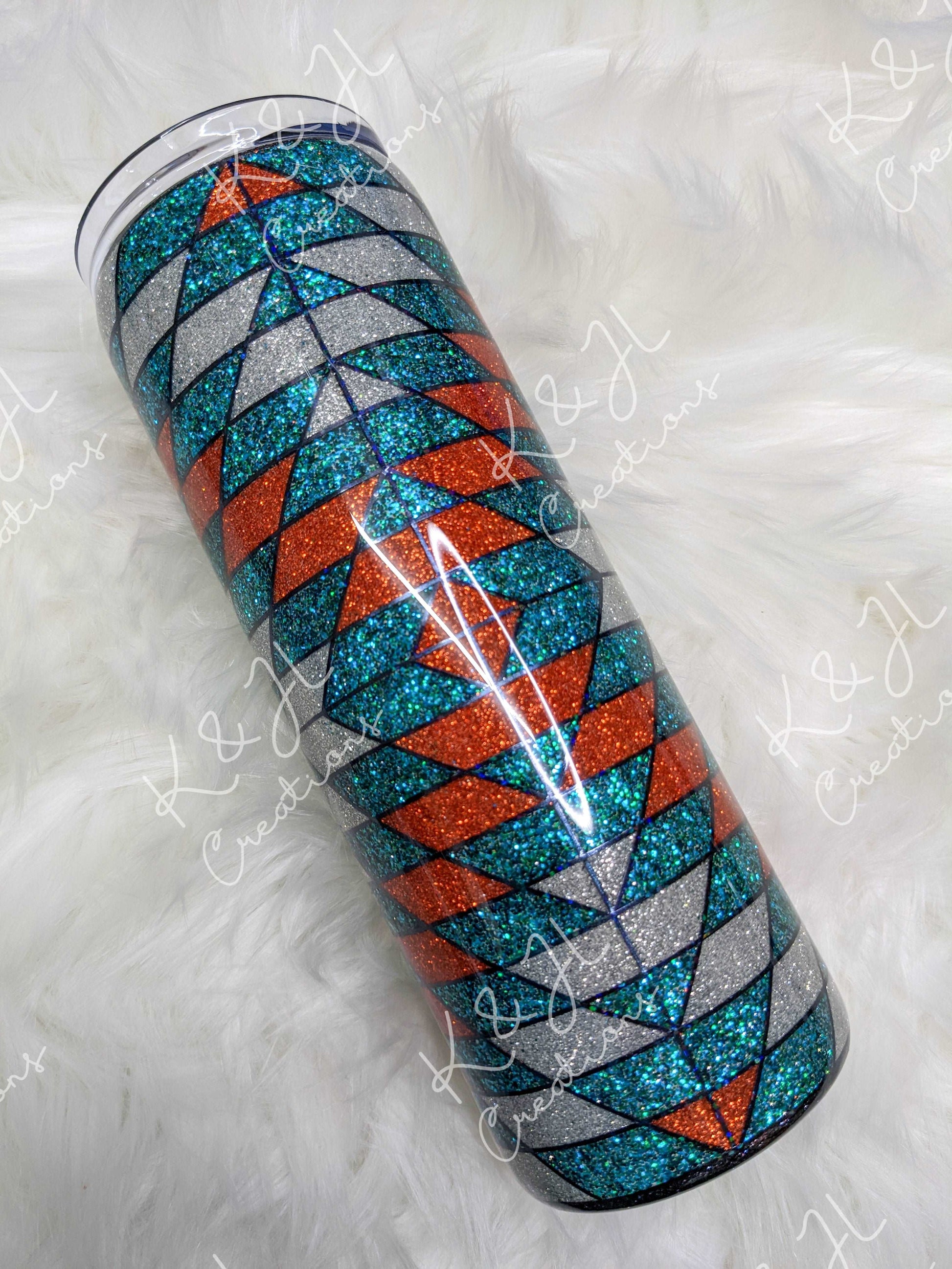 20 oz. Southwestern Style Glitter Tumbler, Teal, Orange and Silver Glitter, Geometric Design, Gift for her, Handmade Glitter Tumbler