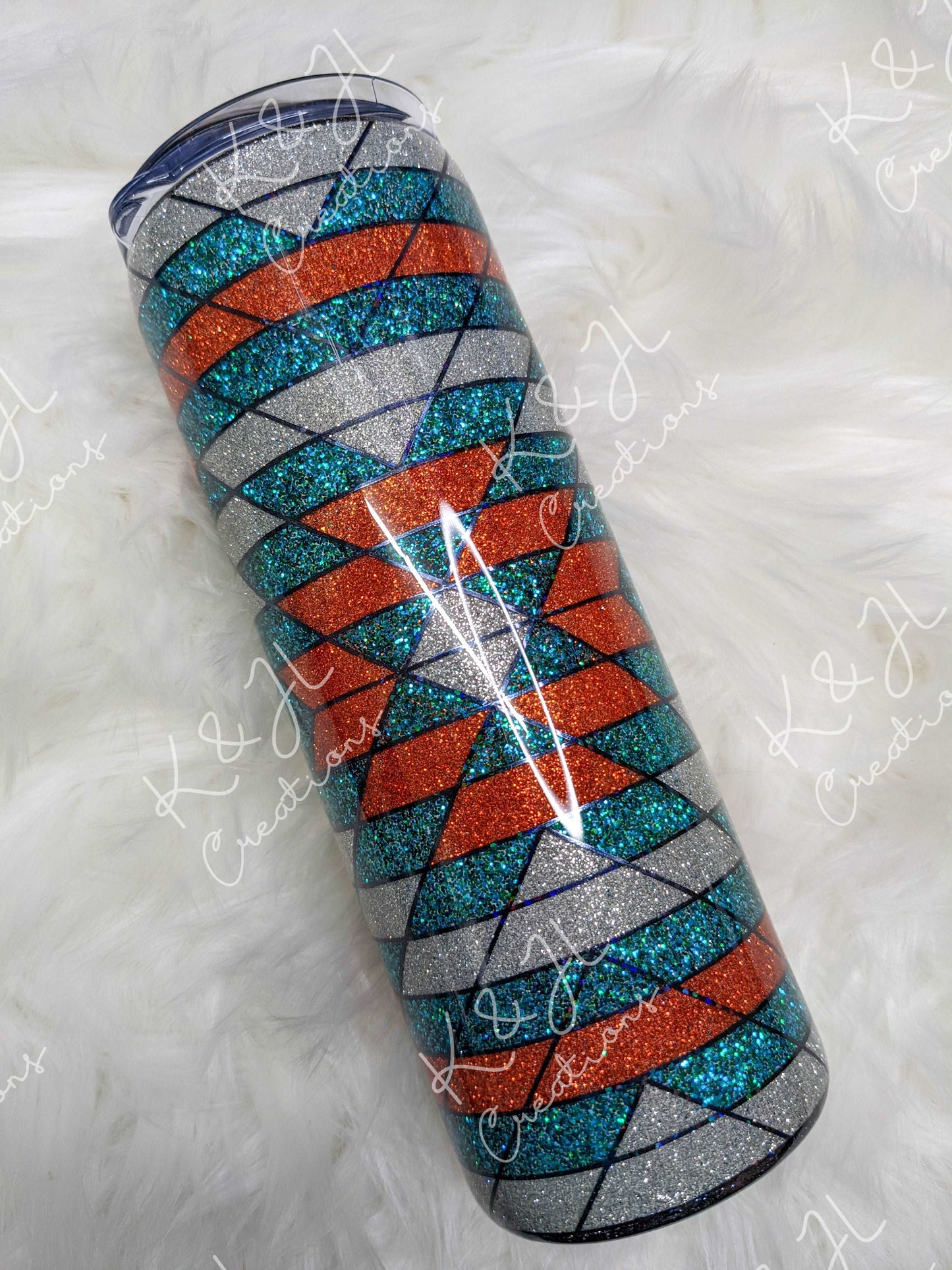 20 oz. Southwestern Style Glitter Tumbler, Teal, Orange and Silver Glitter, Geometric Design, Gift for her, Handmade Glitter Tumbler
