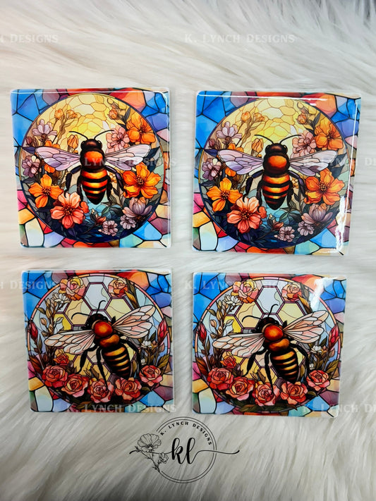 Stained Glass Floral Bee Coaster Set