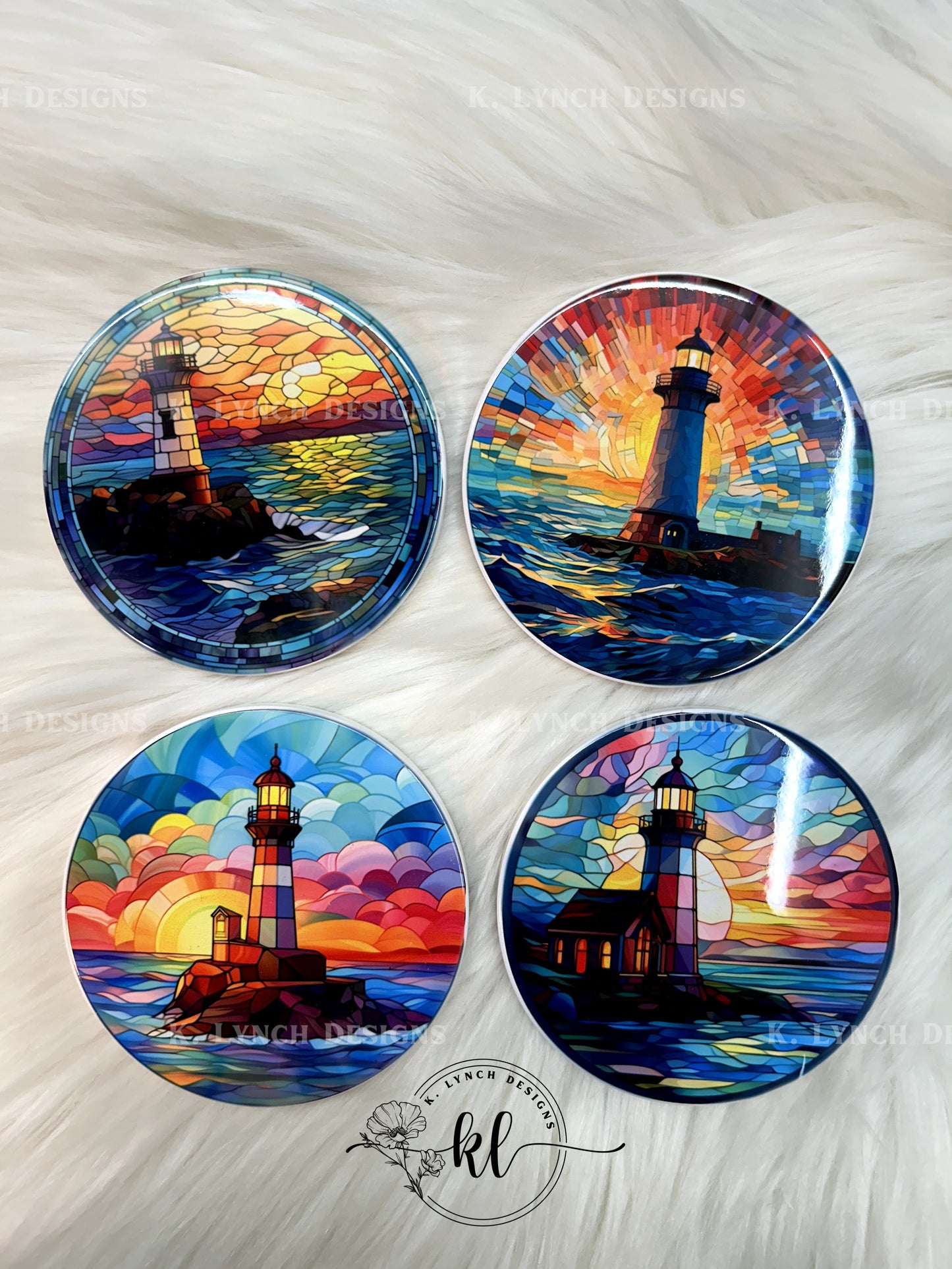 Sunsetting Stained Glass Lighthouse Coaster Set