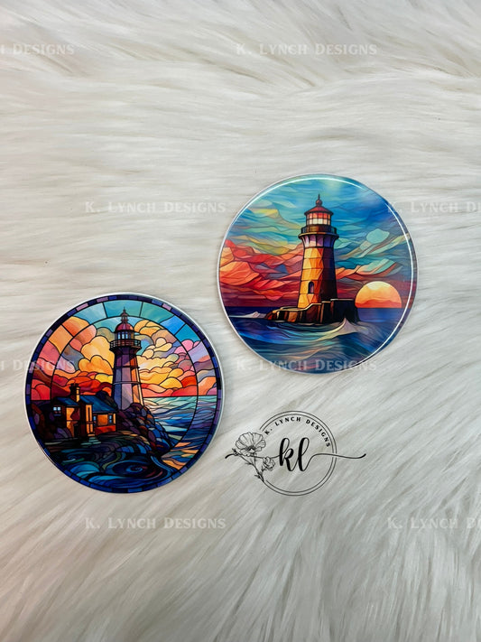 Sunset Stained Glass Lighthouse Coasters x2