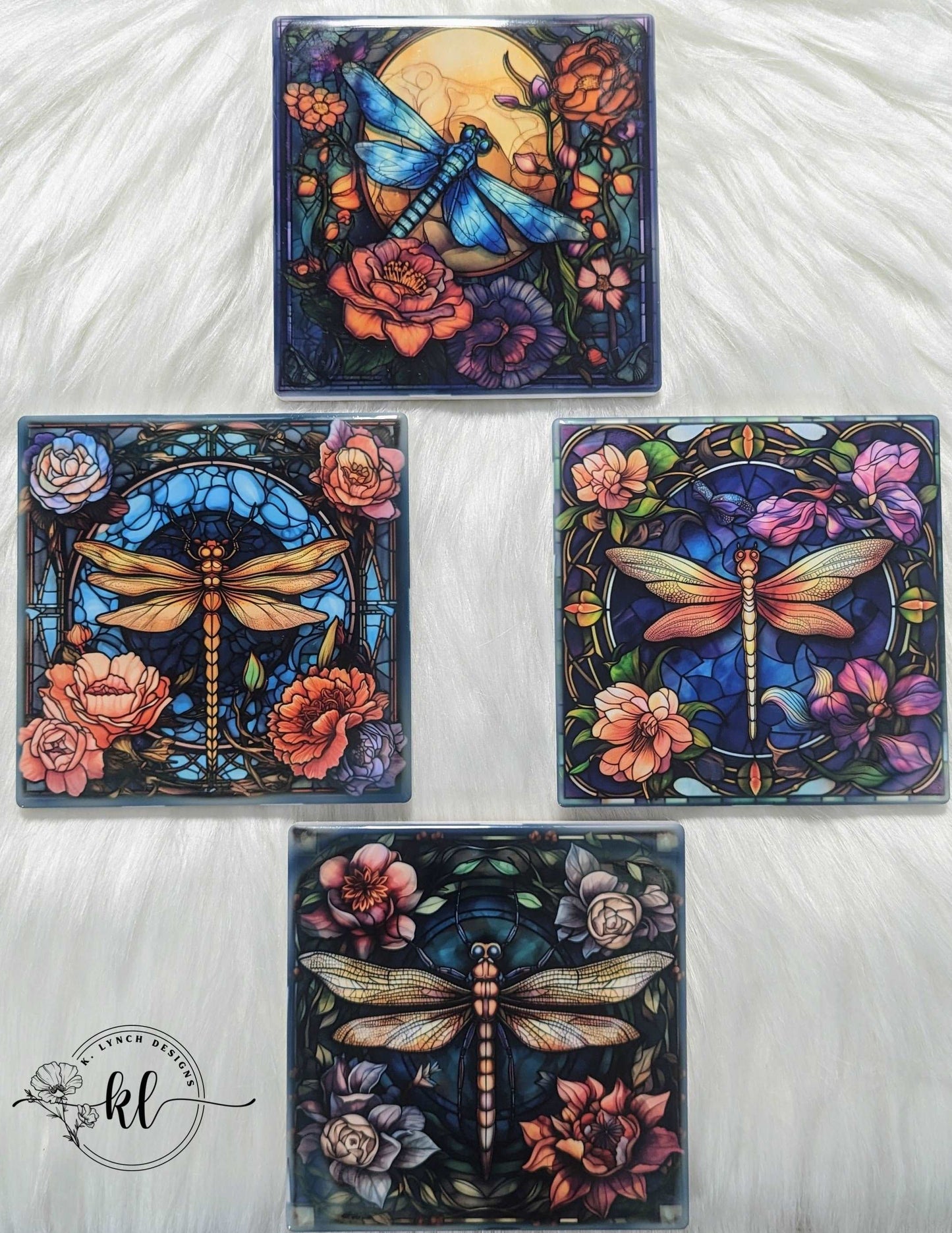 Colorful and Floral Dragonfly Ceramic Ceramic Coaster Set