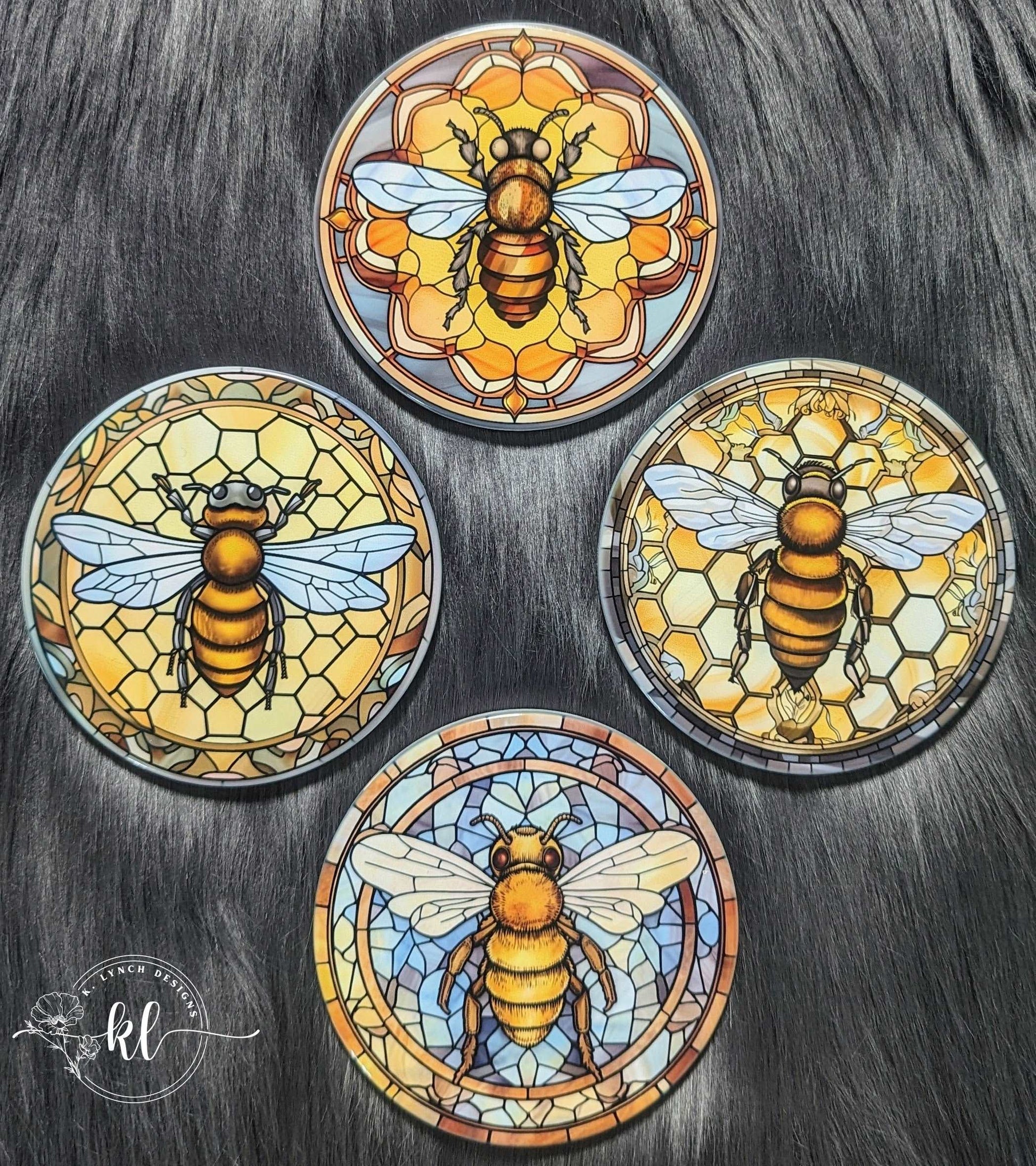 Honeycomb Bee Stained Glass Ceramic Coaster Set
