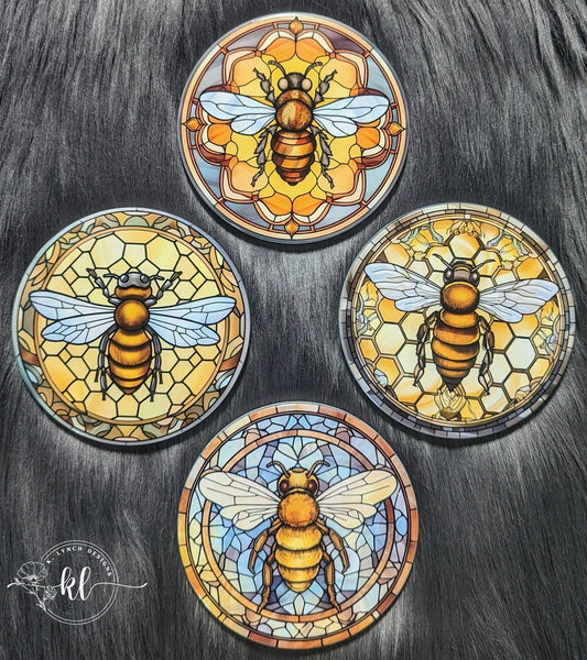 Honeycomb Bee Stained Glass Ceramic Coaster Set