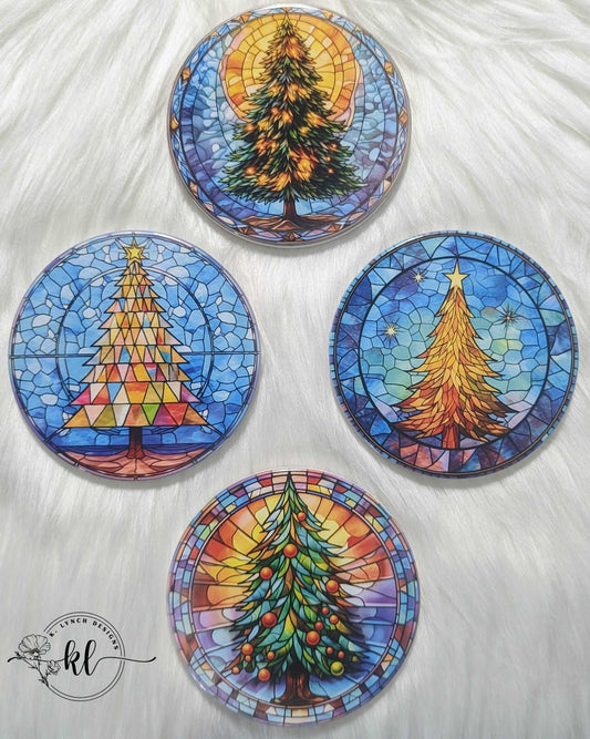 Stained Glass Style Christmas Tree Ceramic Coaster Set