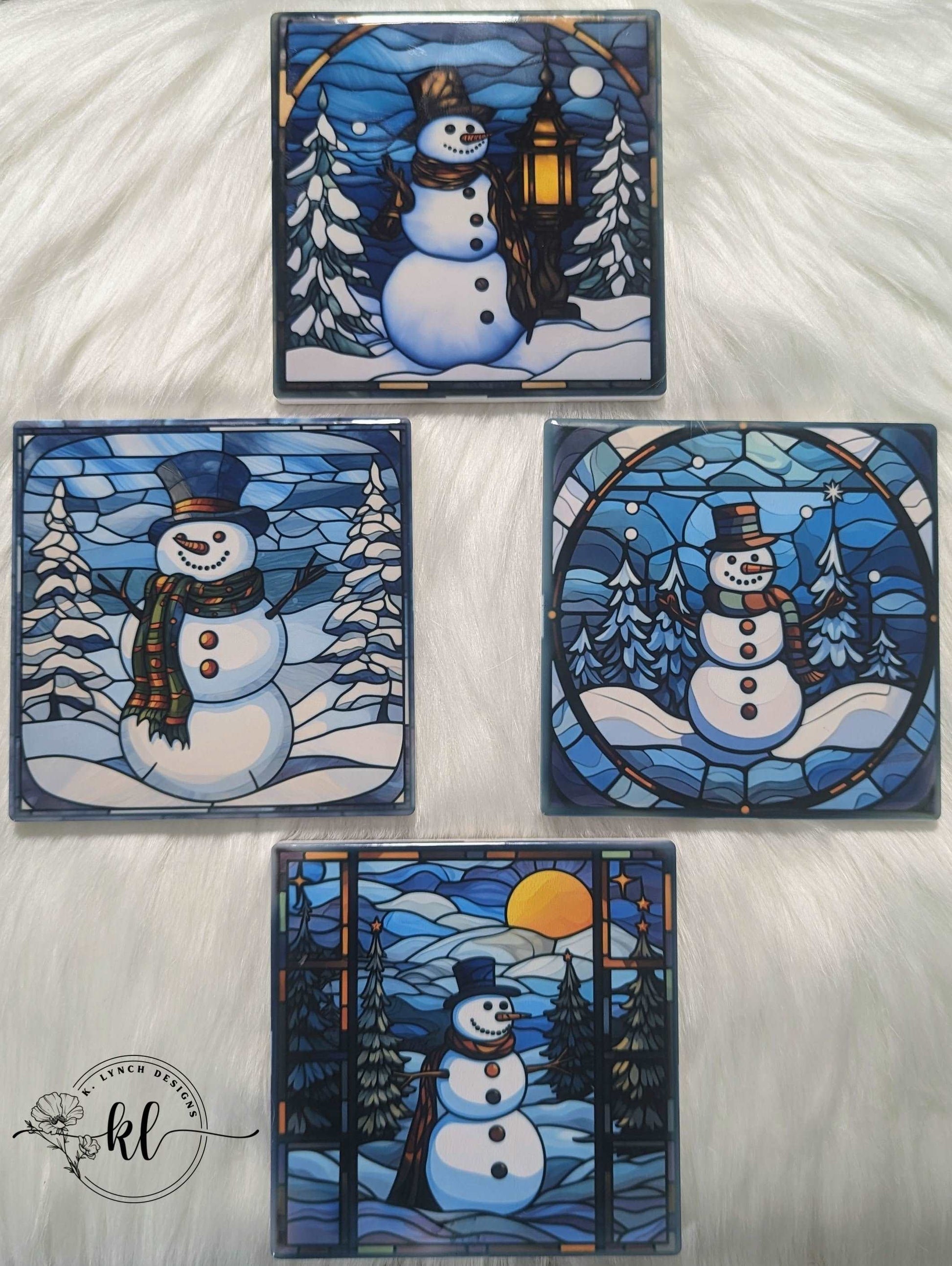 Stained Glass Style Nighttime Snowman Ceramic Coaster Set
