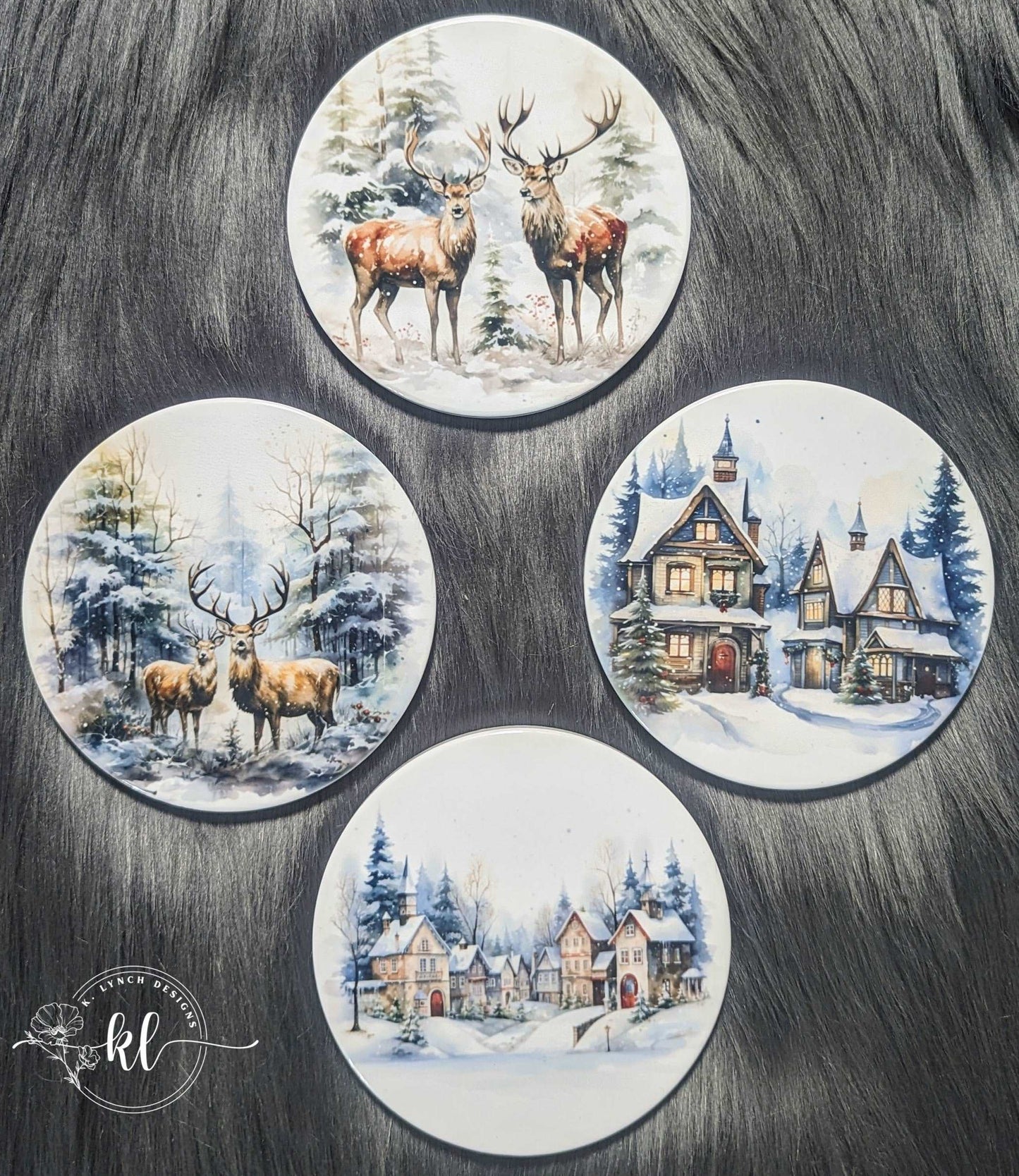 Winter Scene with Reindeer and Village Ceramic Coaster Set