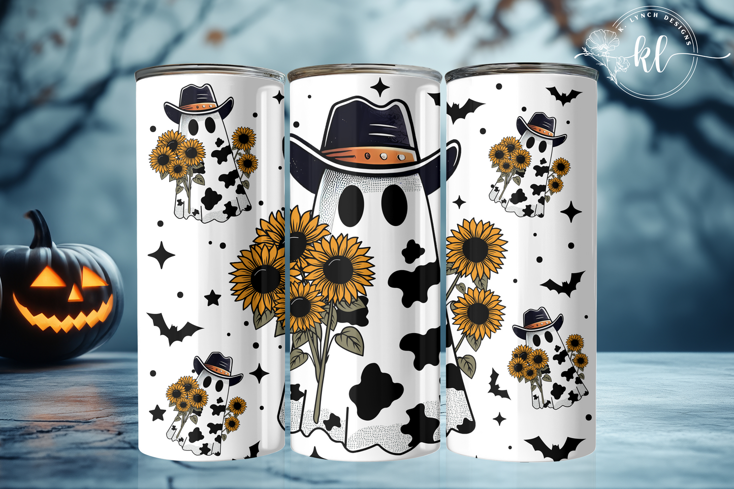 20 oz.  Cow Print Ghost with Sunflowers Tumbler