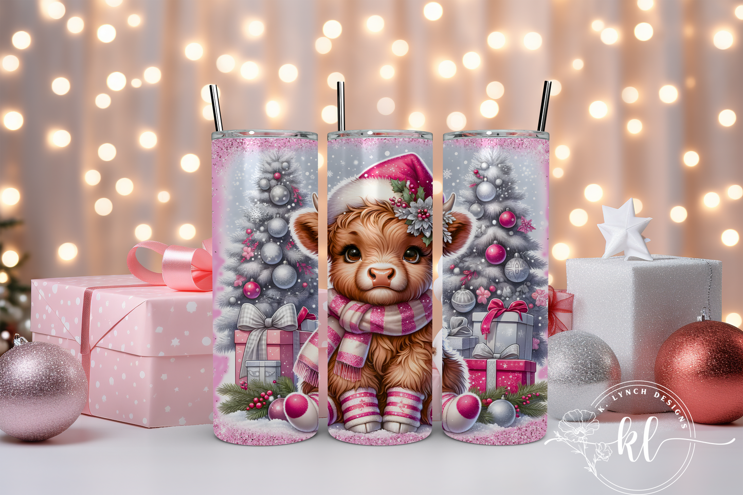 20 oz. Pink Baby Highland Cow Christmas Tumbler