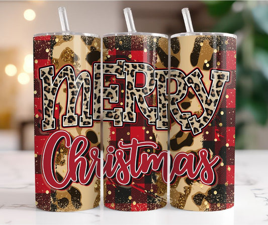 20 oz. Merry Christmas Tumbler with Plaid and Leopard Print